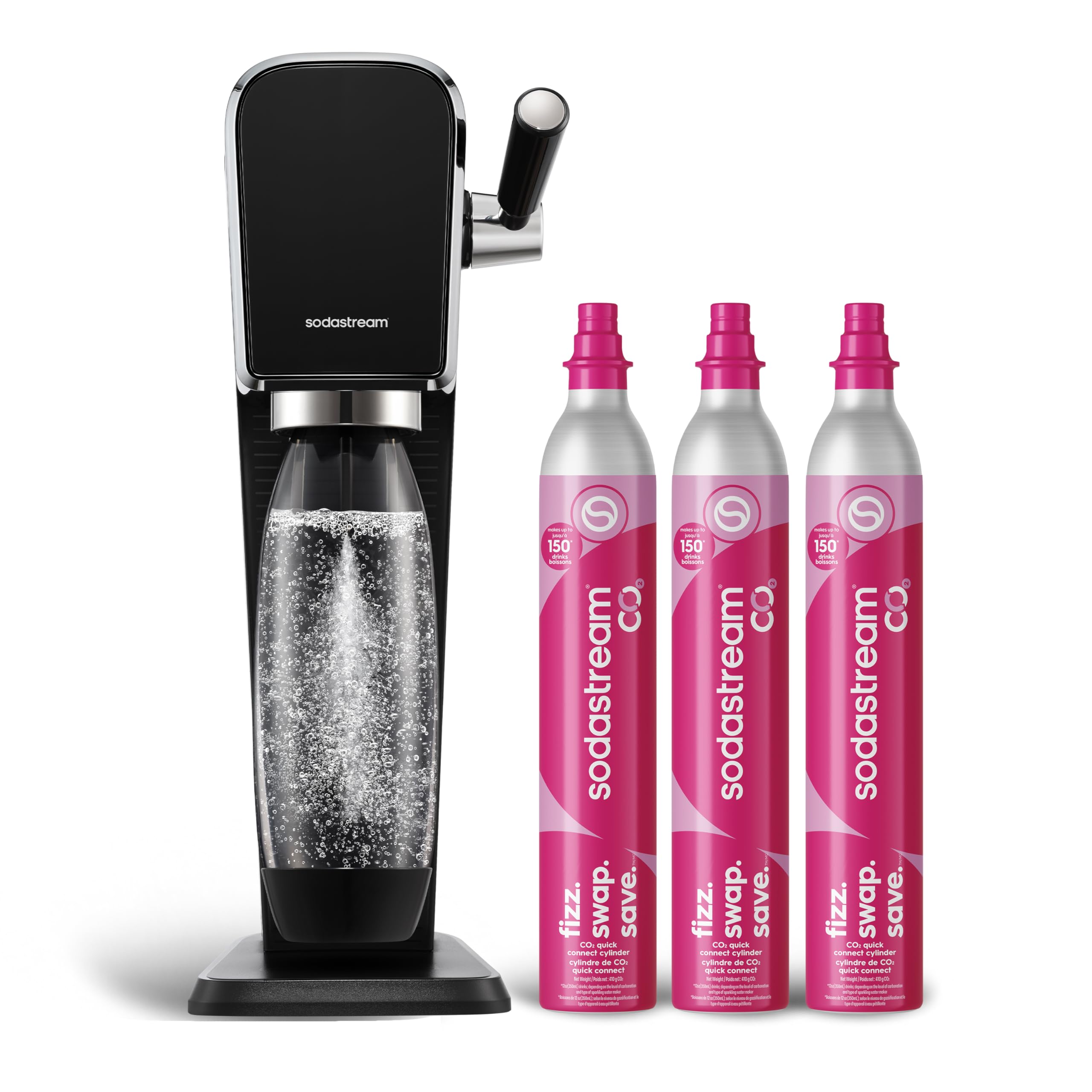 SodaStream Art Sparkling Water Maker Bundle in Black, with 3-Pack CO2 and Carbonating Bottle