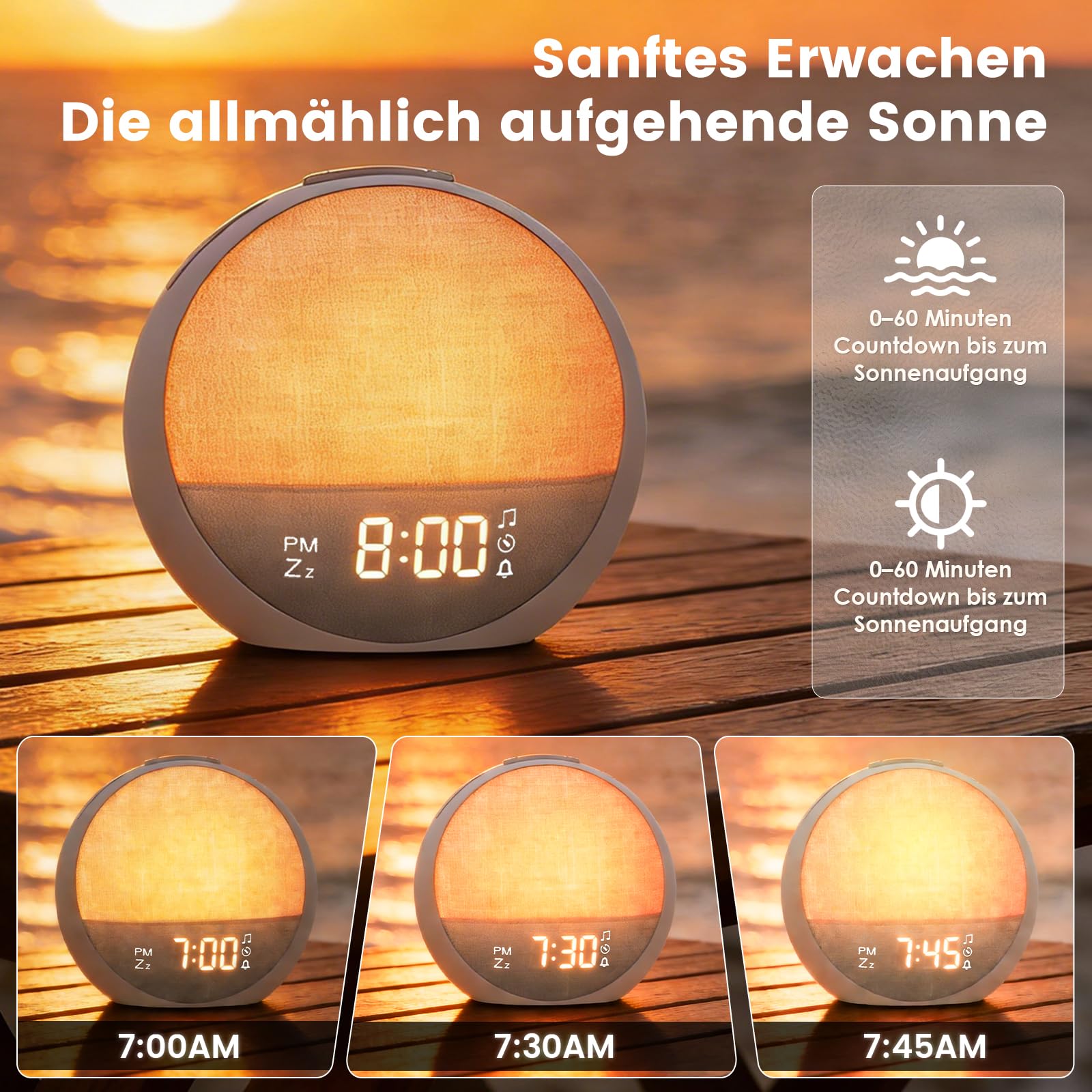 Tageslichtwecker Lichtwecker, Sonnenaufgang Wecker mit Wake Up Light, 11 Lichtfarben, 30 Beruhigenden Klängen, 7 Alarmtönen, 10 Helligkeitsstufen, Bluetoothfunktion & Snooze für Schlafzimmer