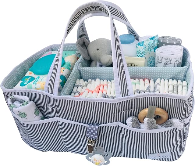 Lily Miles Baby Diaper Caddy - Large Organizer Tote Bag for Infant Boy or Girl - Baby Shower Basket - Nursery Must Haves - Registry Favorites - Collapsible Newborn Caddie Car Travel