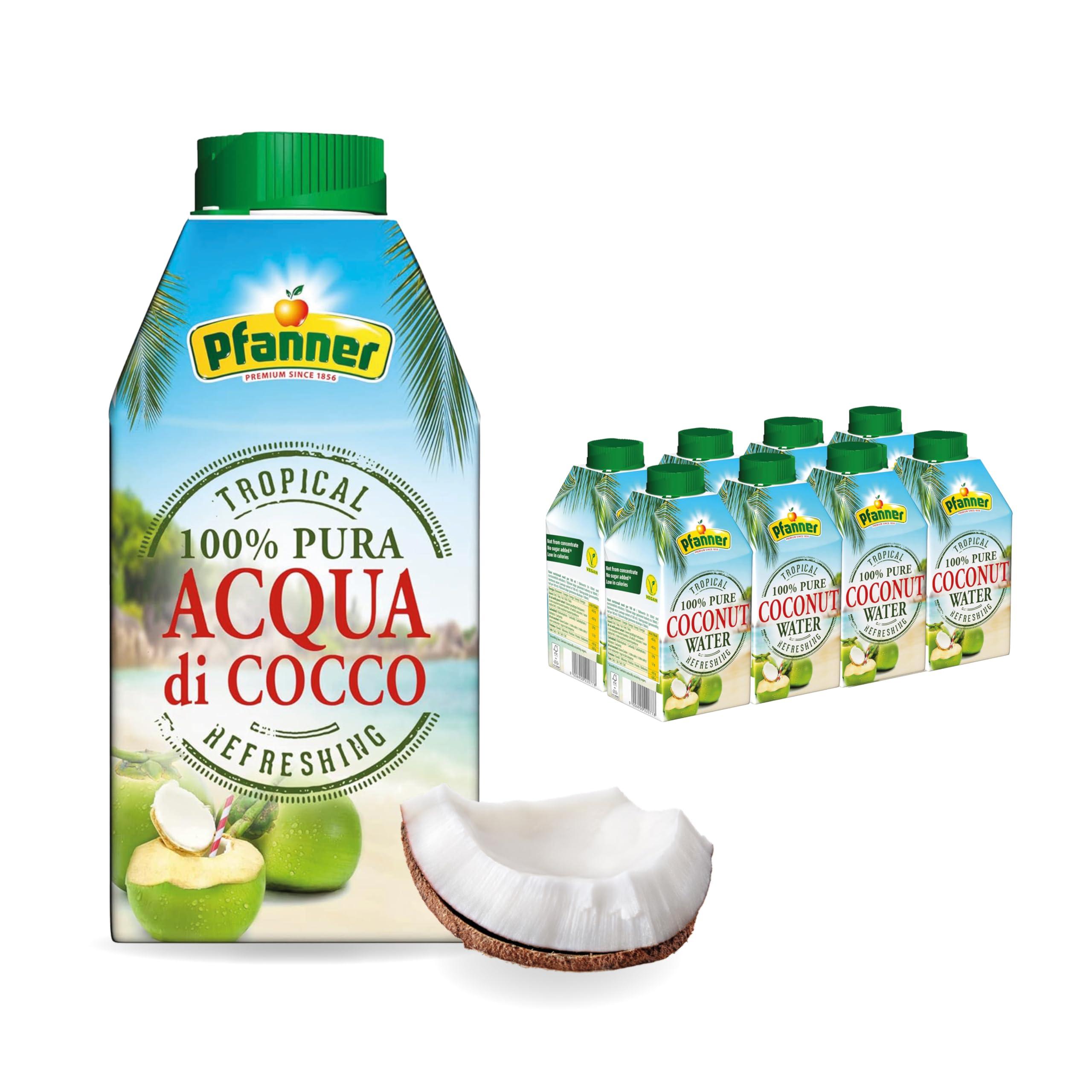 Pfanner Kokoswasser Getränk (8 x 500 ml) – Aqua di Cocco im Vorratspack – Kokosnusswasser ohne Zucker – aus Kokosnüssen