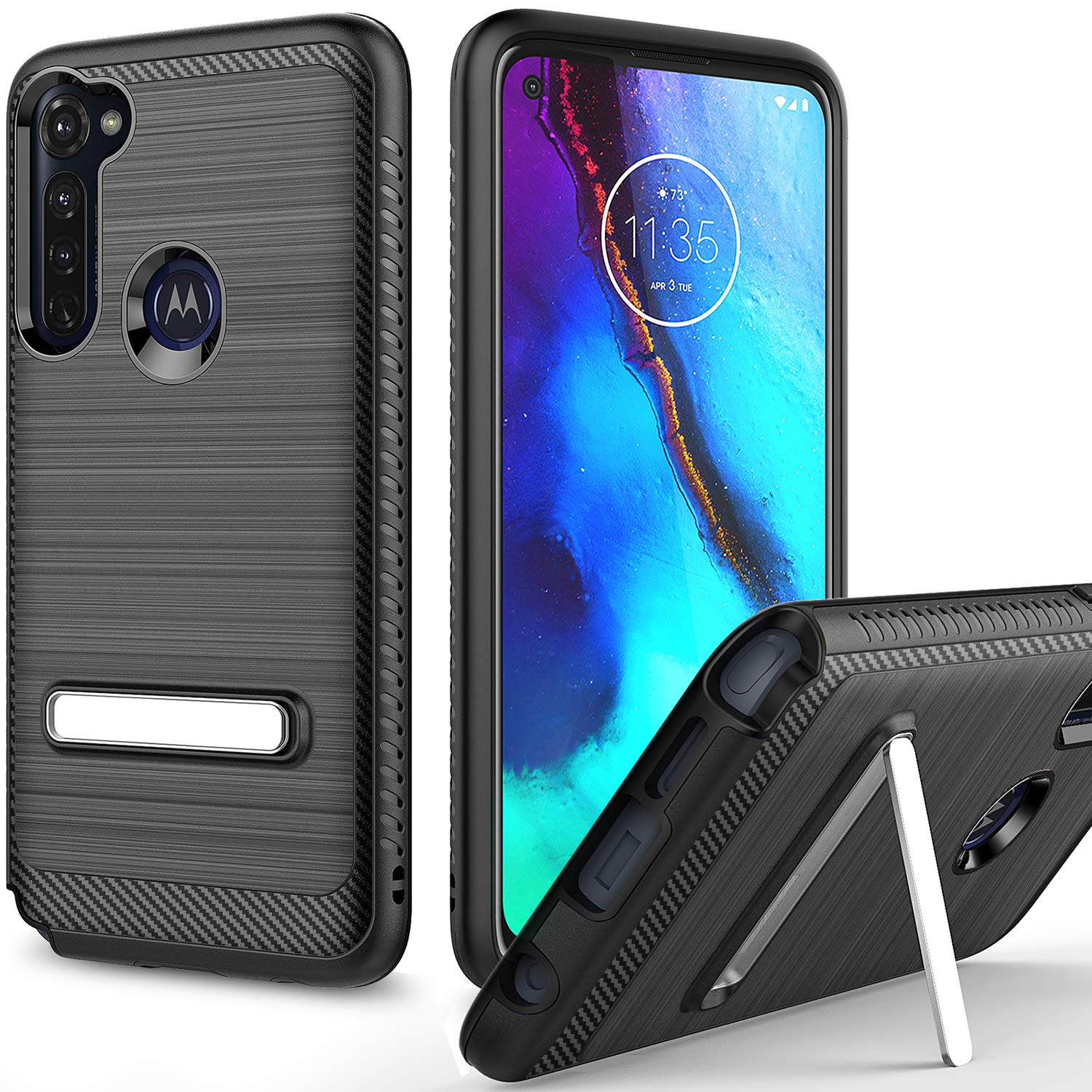 Androgate Moto G Stylus Case, Moto G Pro Case with Kickstand, Hybrid Shockproof Raised Lip Matte Brushed Texture Protective Cover Bumper Case, Black