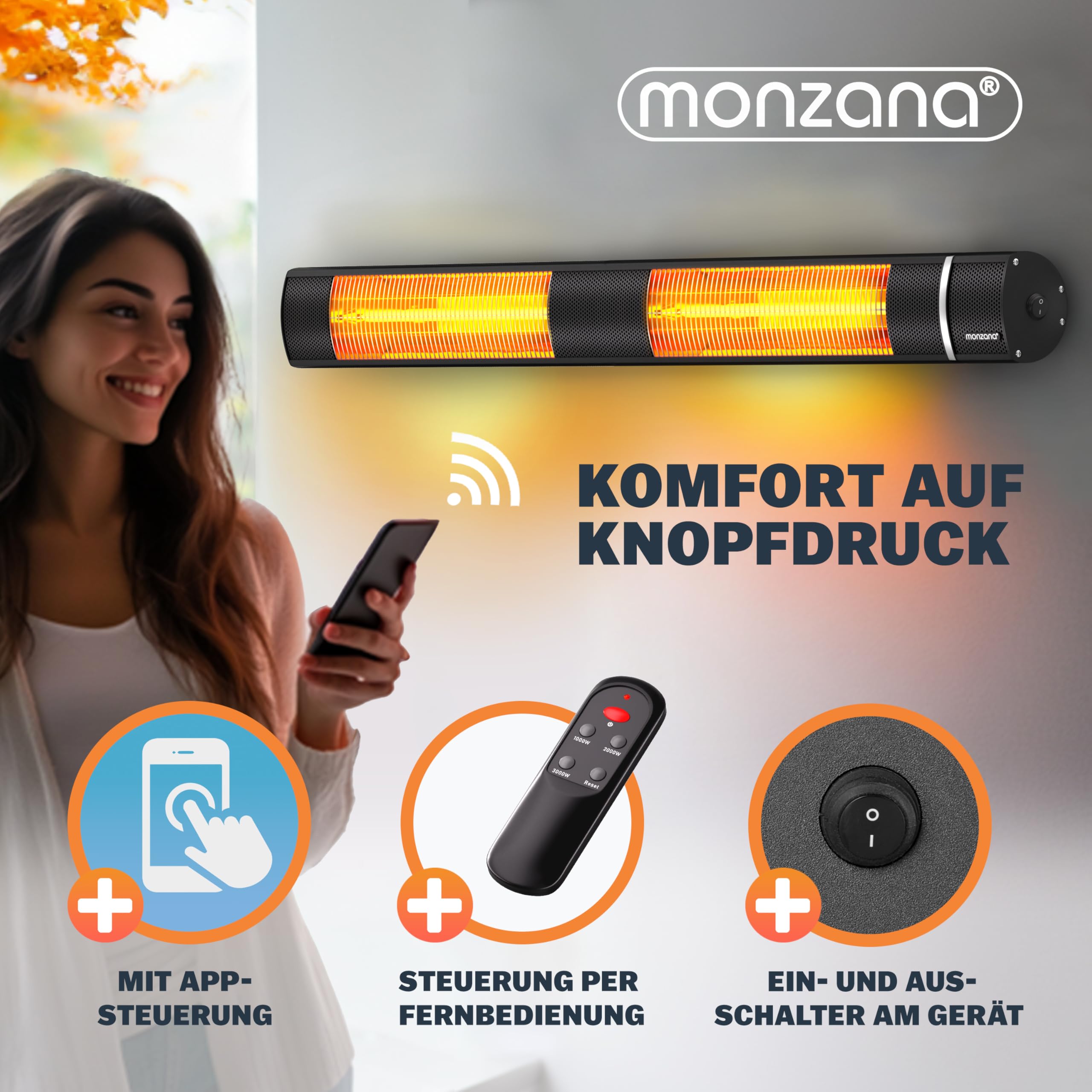MONZANA® Calefactor por Infrarrojos 3000W de Pared Estufa Terraza Exterior 3 Temperaturas Control Remoto App