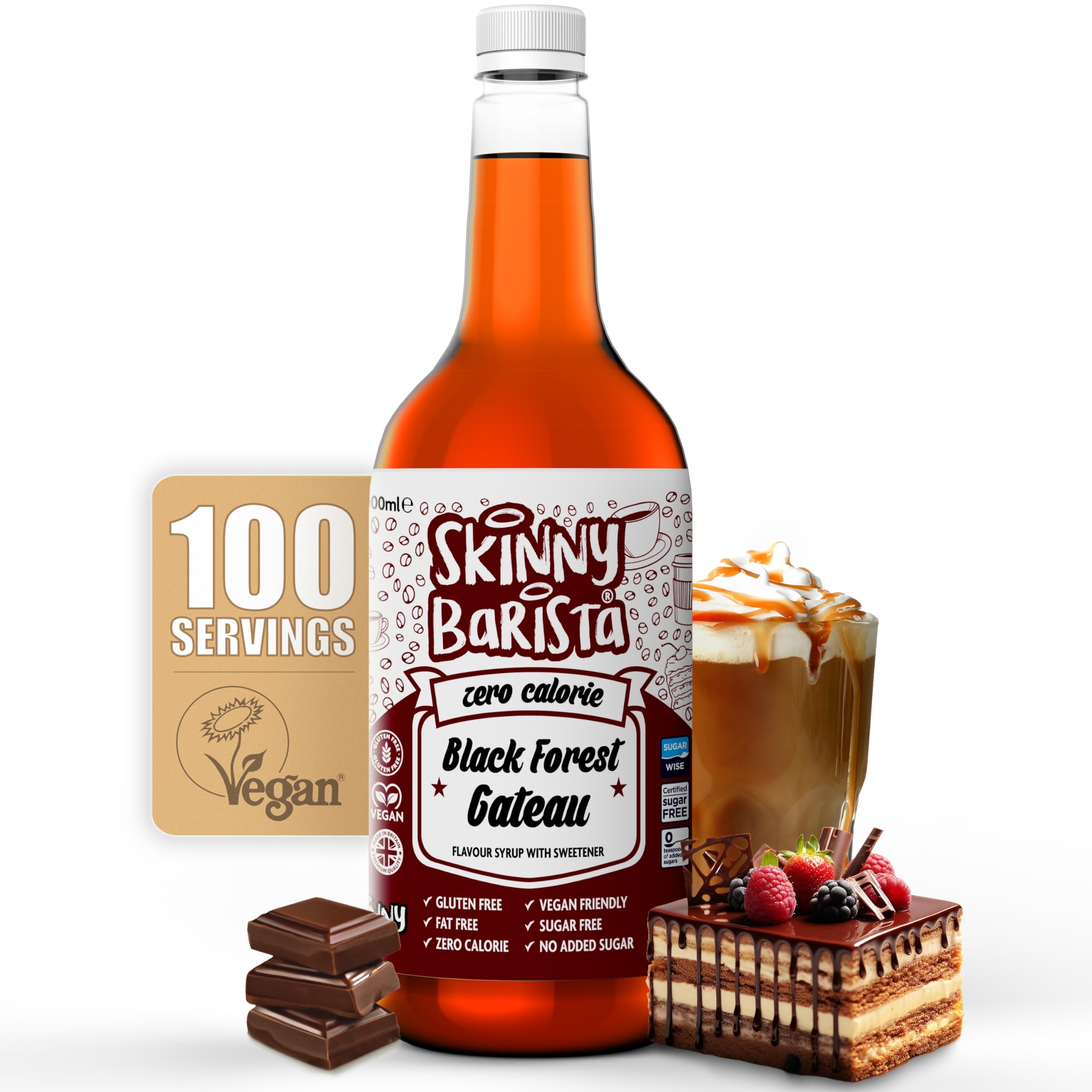 Skinny Food Co Black Forest Gateau Coffee Syrup - Sugar Free 1L - Zero Calorie Coffee Syrup, Tea, Hot Chocolate, Fruit, Protein Drinks - Vegan-Friendly, Gluten-Free & Fat-Free