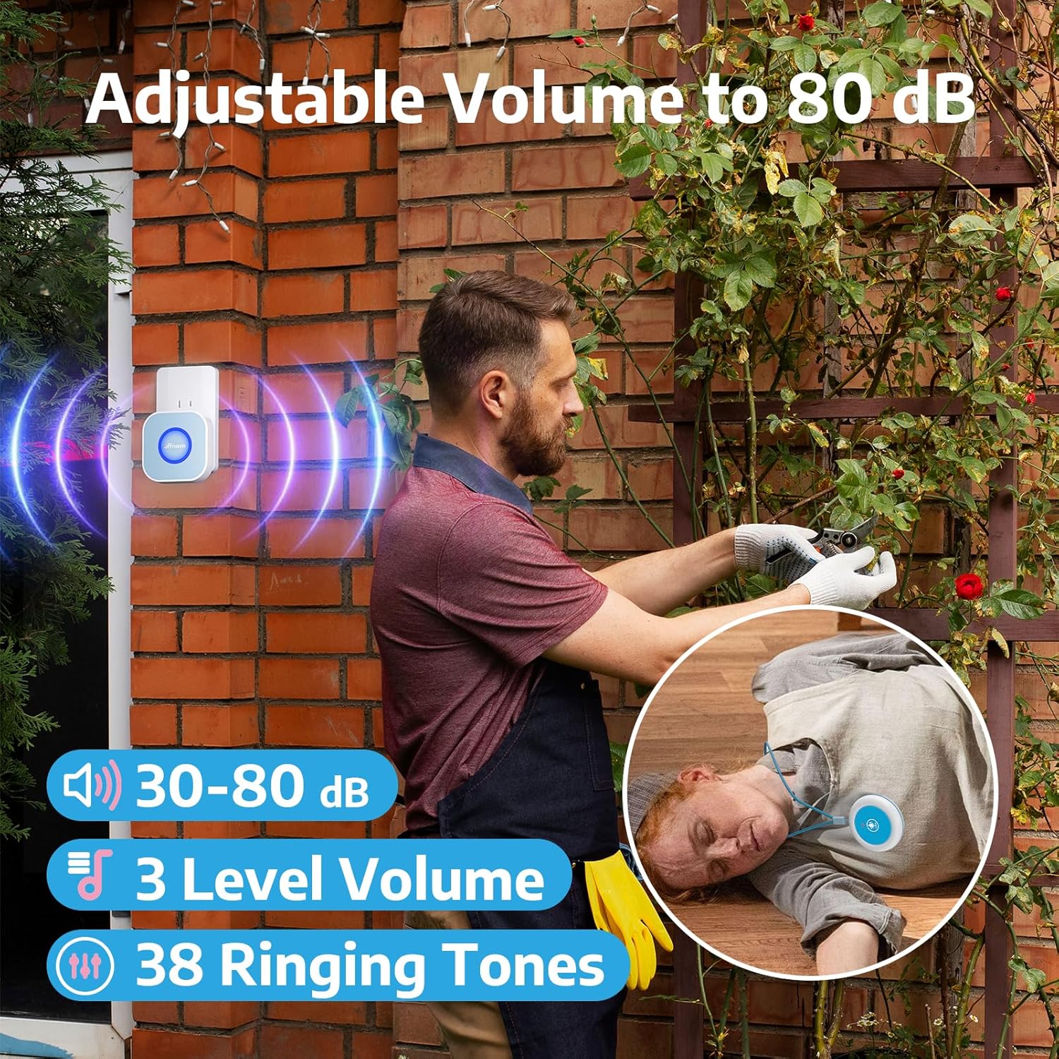 A man working outdoors, with a receiver plugged into an outdoor outlet, illustrating the adjustable volume from 30-80 dB and 38 ringing tones. An inset shows a person wearing the call button.