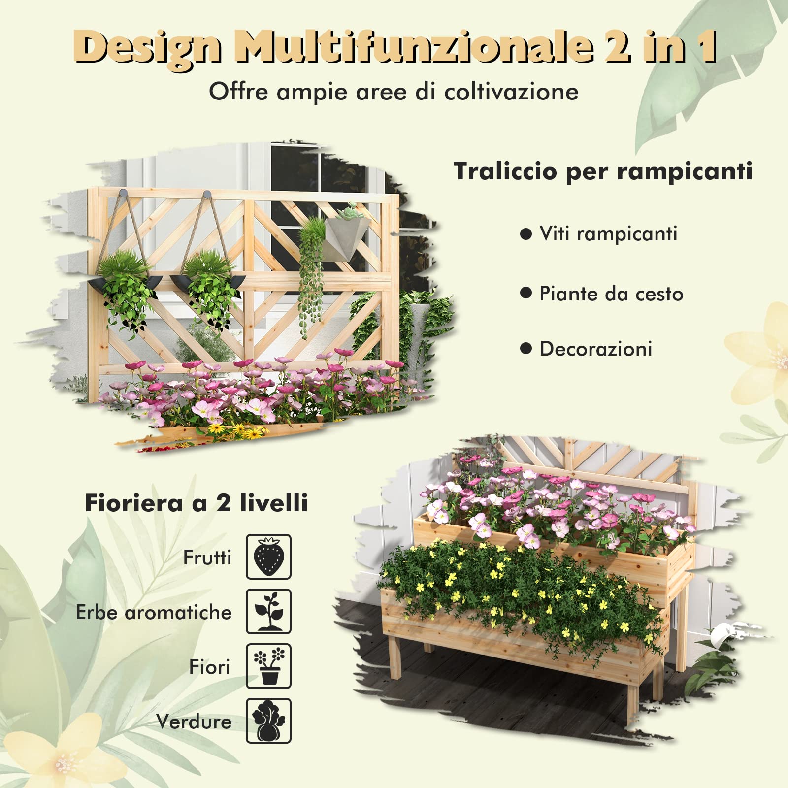 RELAX4LIFE Fioriera da Esterno in Legno a 2 Livelli con Grigliato e Fori di Drenaggio, Orto Rialzato per Balcone e Giardino, per Piante Rampicanti, Fiori e Verdure, 109×62×135cm (Naturale)