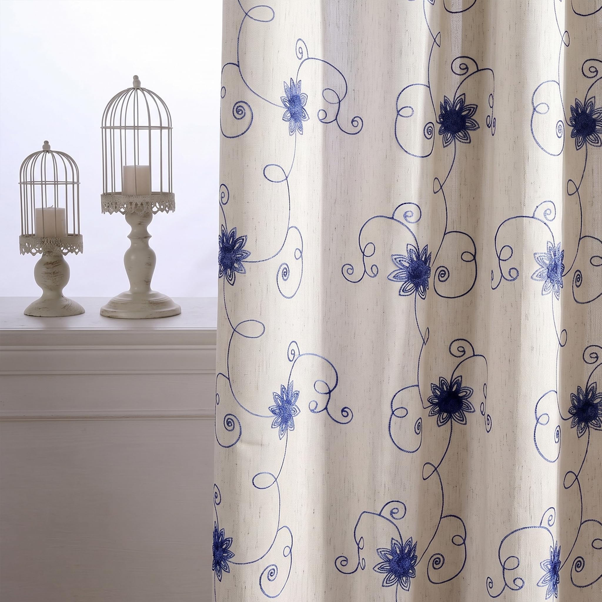 VOGOL Simple Style Embroidered Floral Curtains, 2 Panels, 52 x 84, Blue