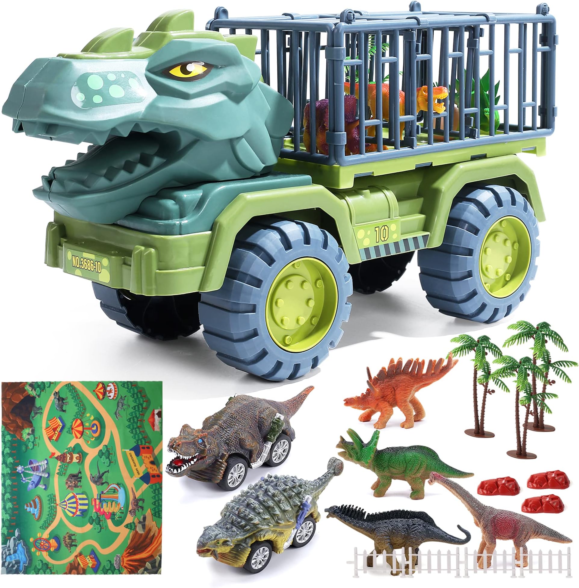 CUTE STONE Toy Truck, Dinosaur Transport Car Carrier Truck with Dinosaur Toys, Friction Powered Cars, Activity Playmat, Dino Car Playset Toys for Kids Boys Grils