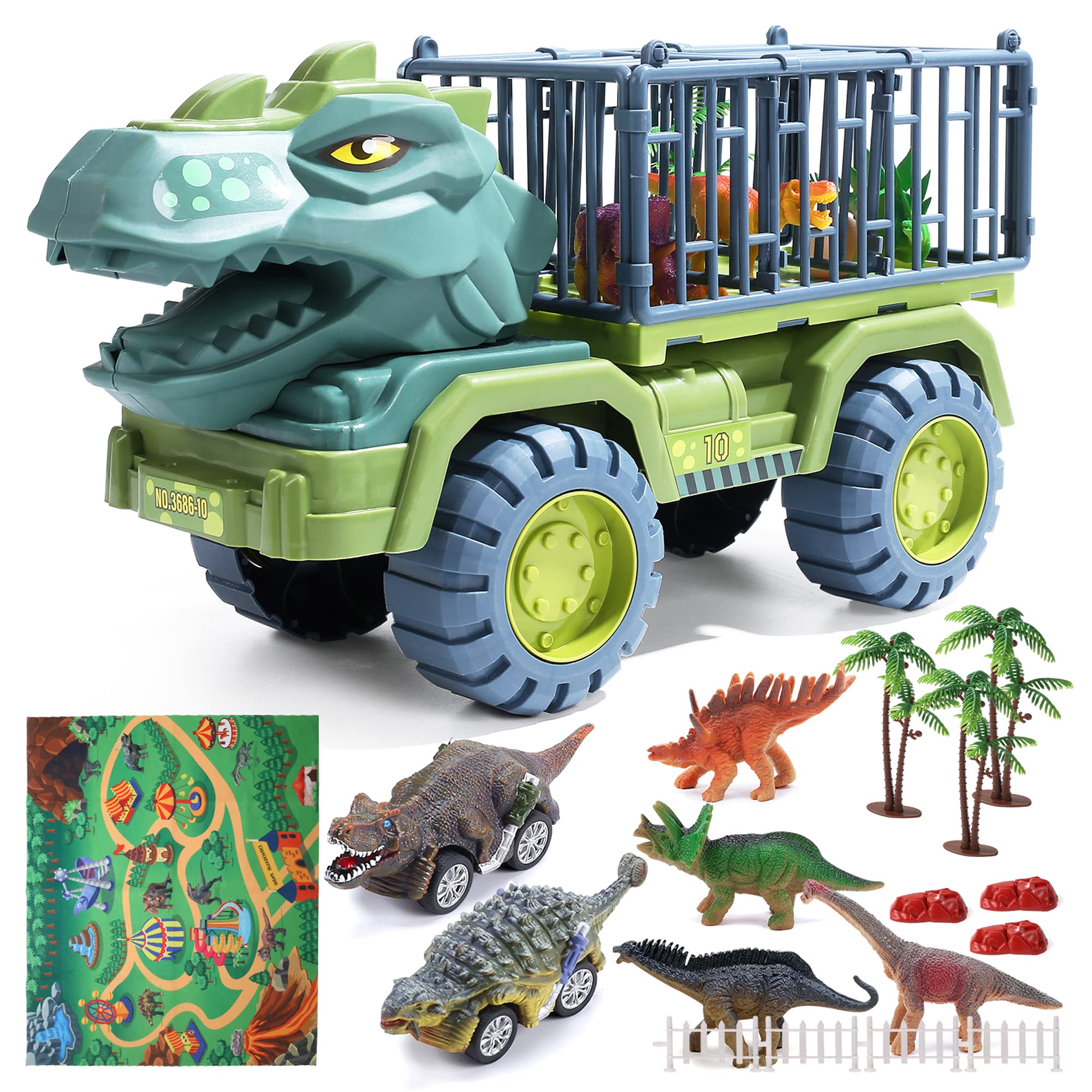 CUTE STONE Toy Truck, Dinosaur Transport Car Carrier Truck with Dinosaur Toys, Friction Powered Cars, Activity Playmat, Dino Car Playset Toys for Kids Boys Grils