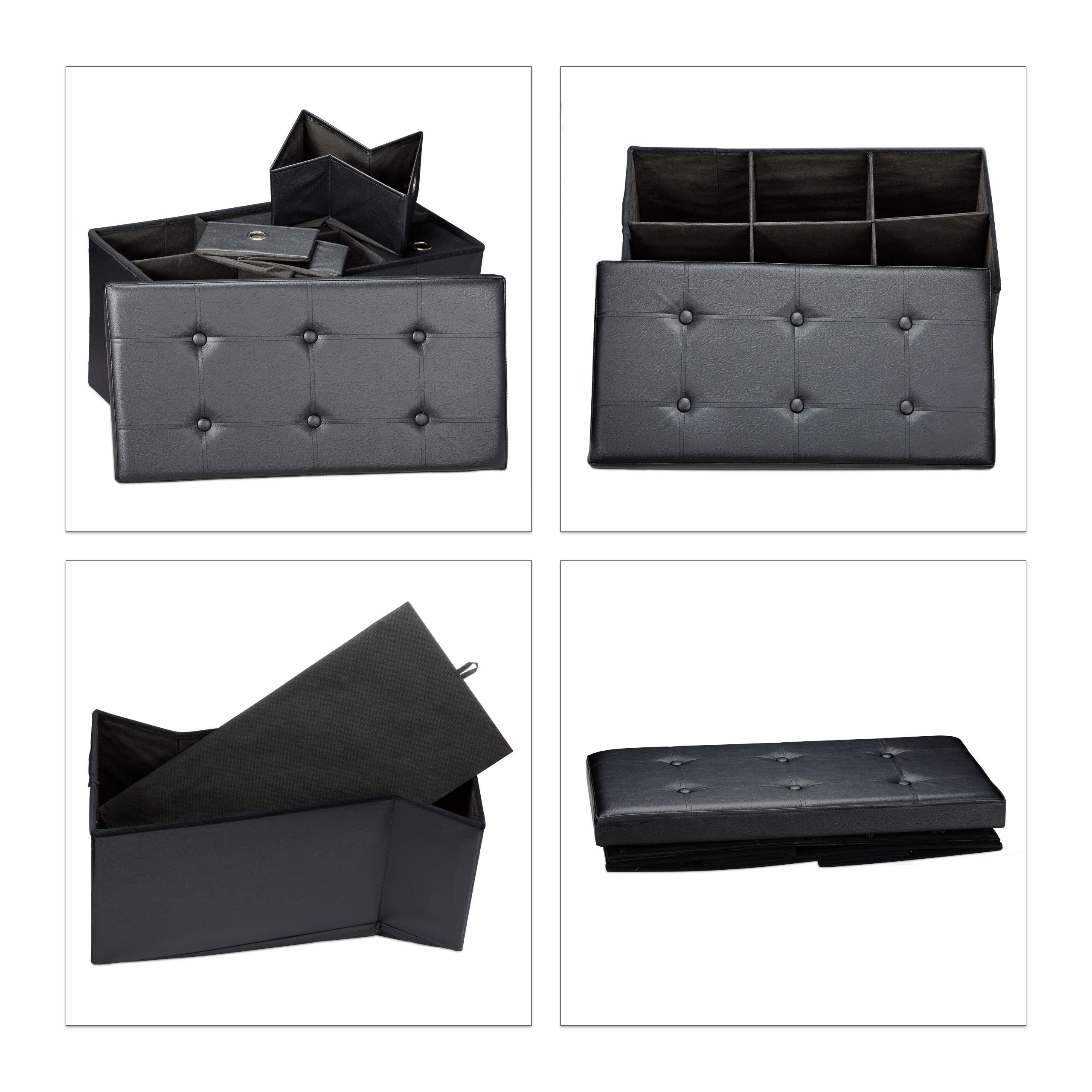 Relaxdays Banco Plegable, Taburete 6 Compartimentos de Almacenamiento, 38x76x38 cm, Cuero Sintético, Plegable, Negro