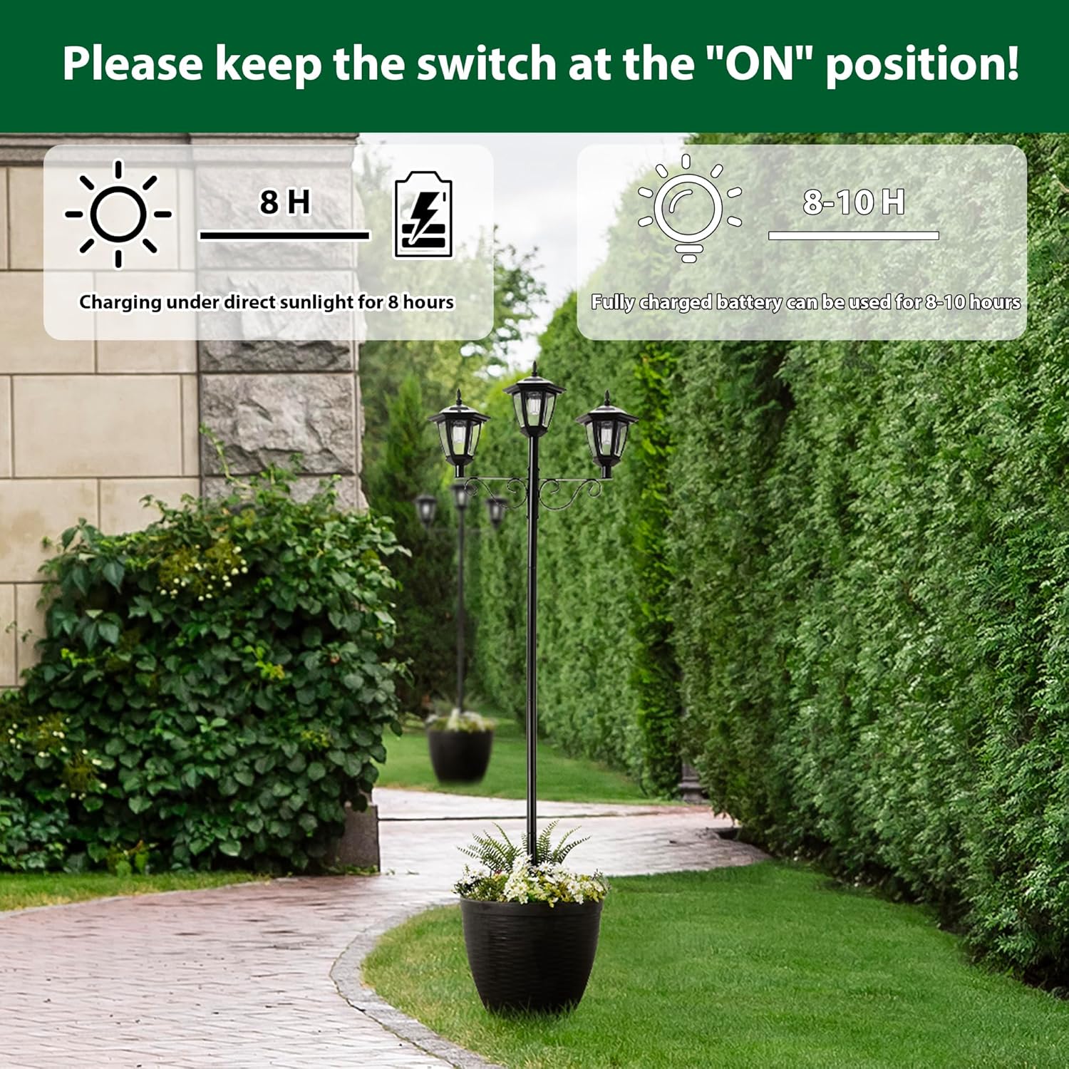 Glitzhome 2Pcs 74” H Outdoor Solar Lamp Post Light Oversized with Planter Pot - 3 Head Street Vintage Garden Solar LED Post Light for Lawn, Pathway, Driveway, Front/Back Door - Warm White