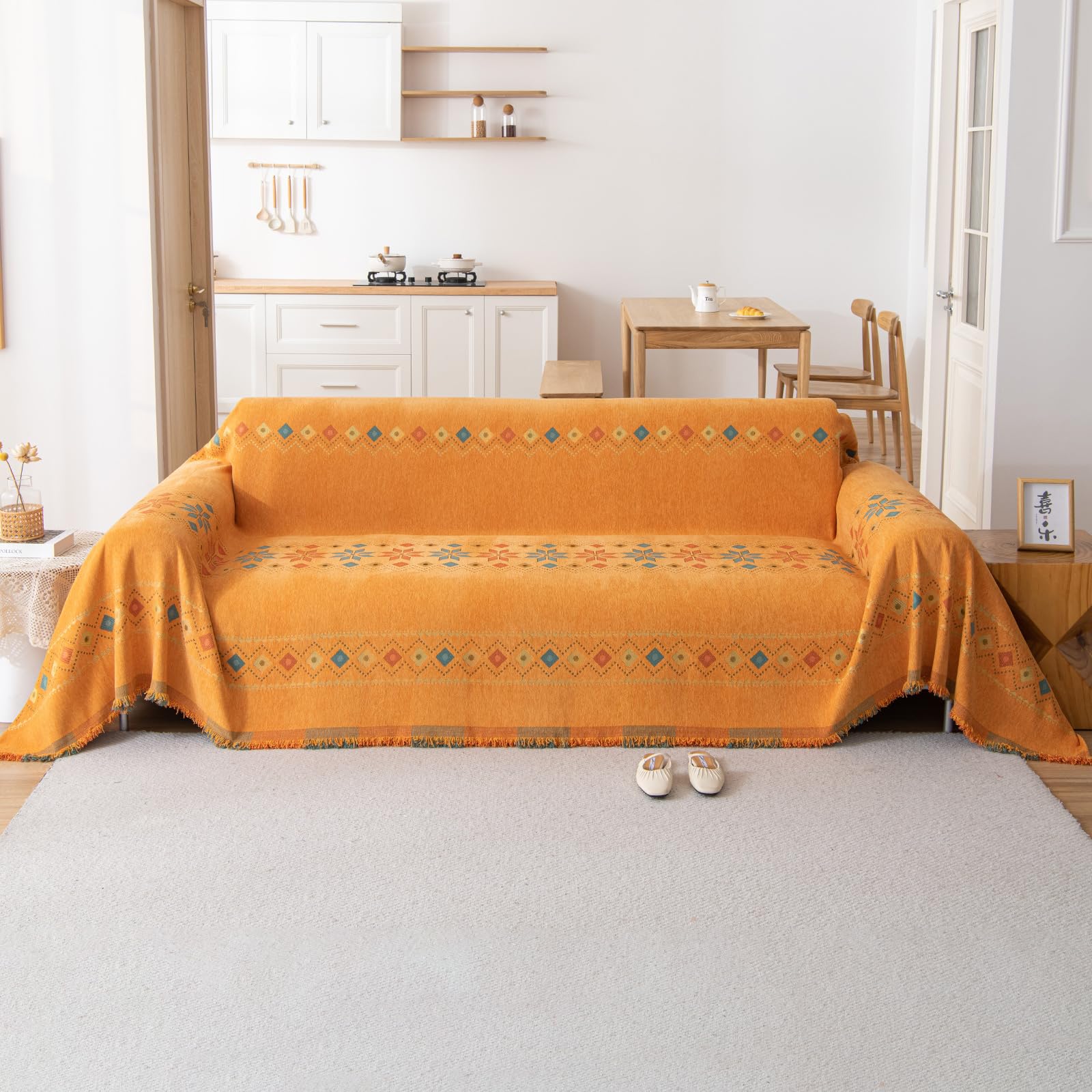 Vanderhome Orange Boho Throw Chenille Blanket Soft Throws For Sofas Washable Blanket For Bed Settees Armchairs, Livingroom 180 * 230Cm