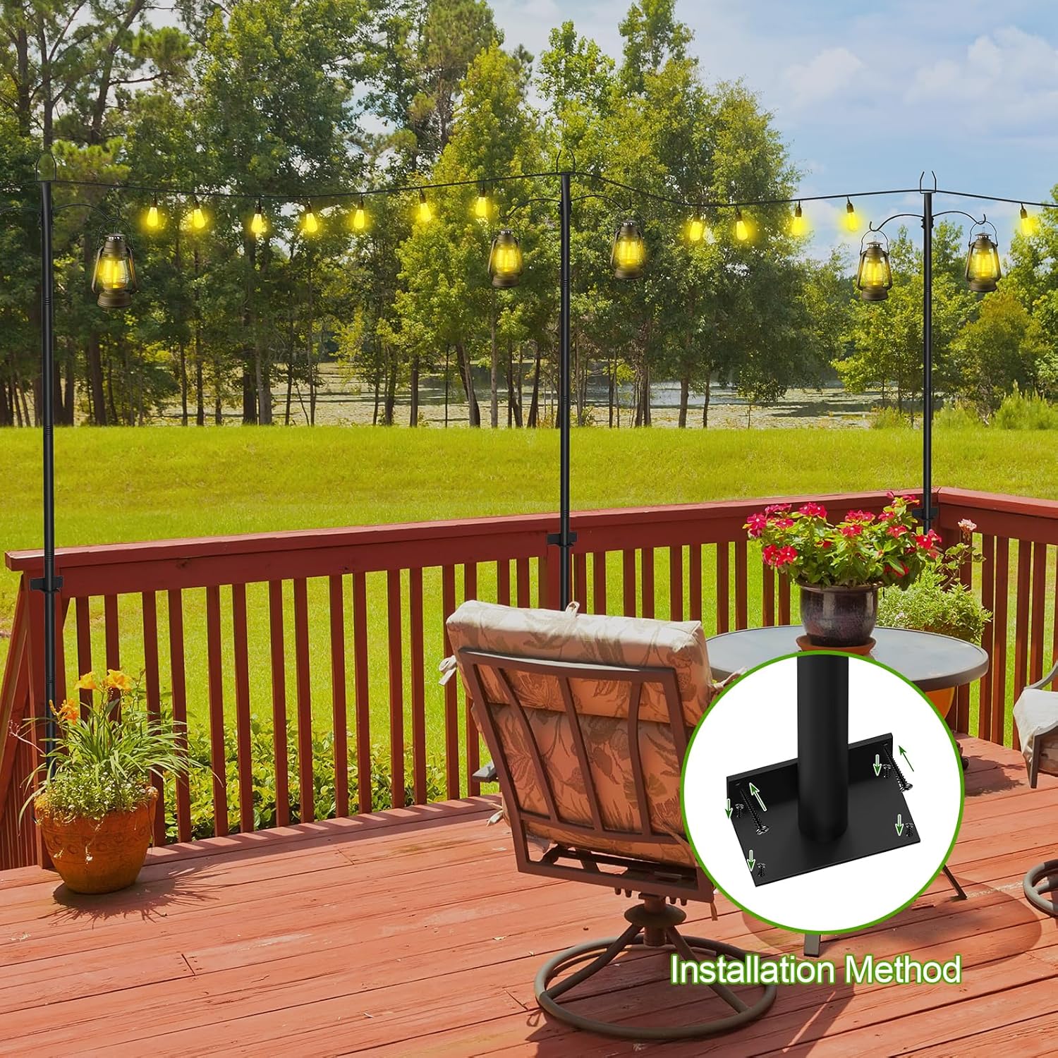 2 Pack String Light Poles for Outside, 9FT Heavy Duty Light Poles Outdoor with Shepherds Hooks for Bird Feeder & Plant Hanging, Adjustable Height Metal Pole for Garden Party Backyard Patio Decor