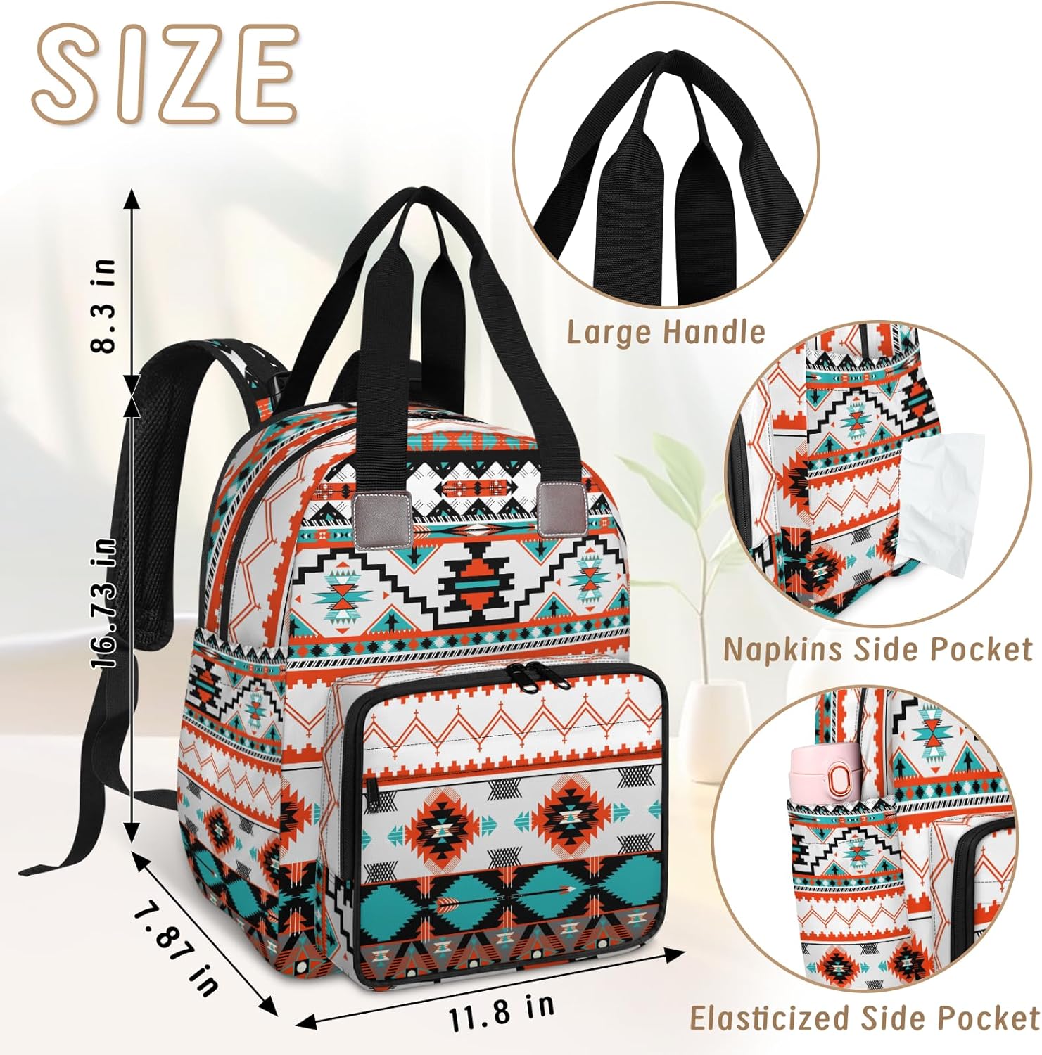 KOBLEN Ethnic Aztec Geometric Diaper Bag Backpack Baby Essentials Travel Tote Bag with Insulated Pockets Multi-functional Diaper Bags Organizer Bag for Women Men