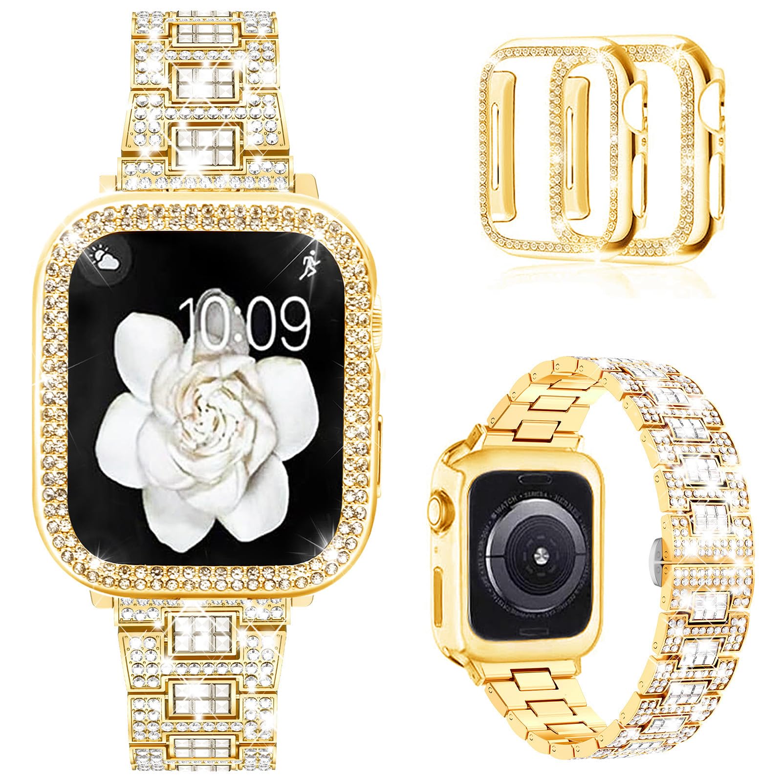 Mosonio Compatible with Apple Watch Band 38mm 40mm 41mm 42mm 44mm 45mm 46mm 49mm with 2 Pack Case Women, Jewelry Replacement Metal Bands Strap with Bling PC Protective Case for iWatch Ultra SE Series 10/9/8/7/6/5/4/3/2/1