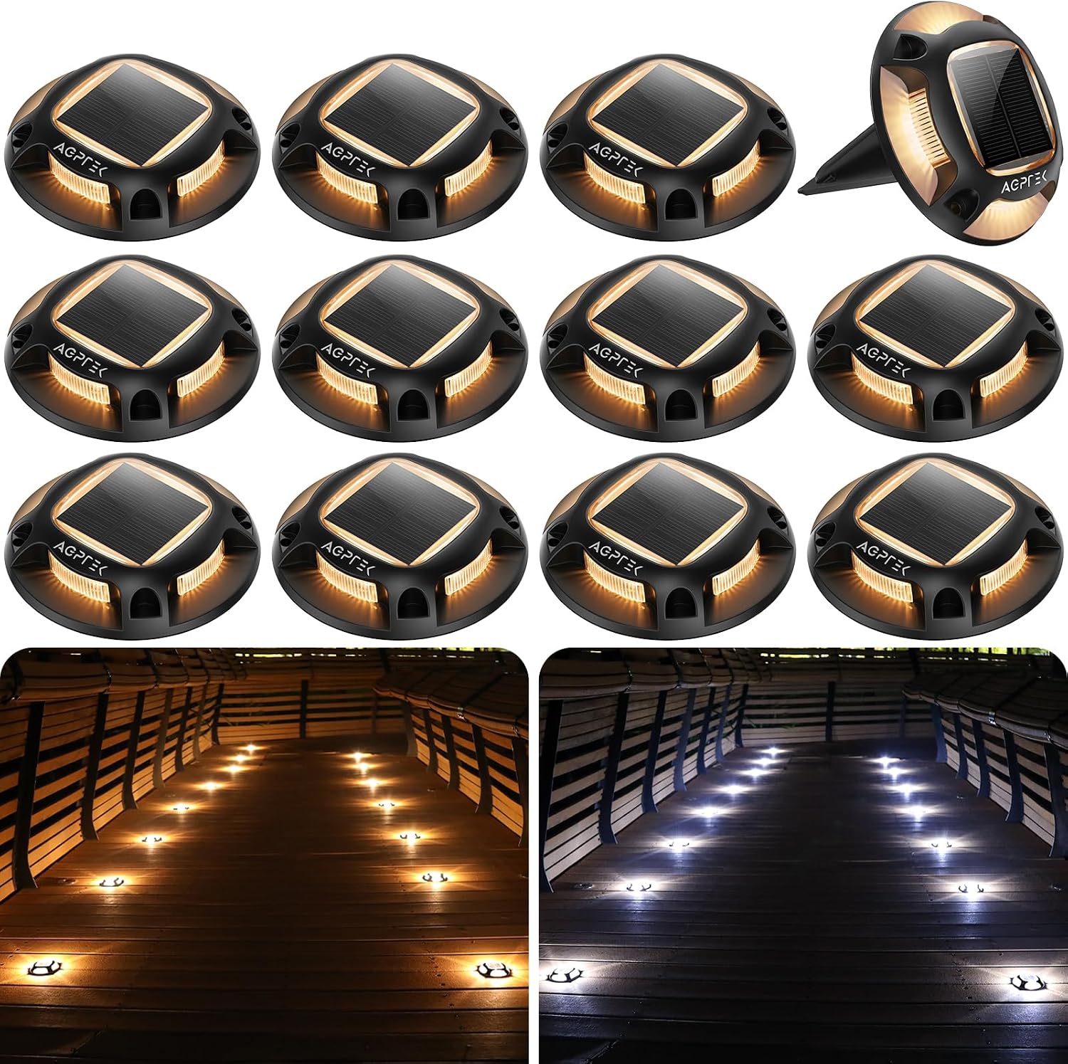 AGPTEK 2 Colors in 1 Solar Driveway Lights 12 Pack with Ground Spike Design