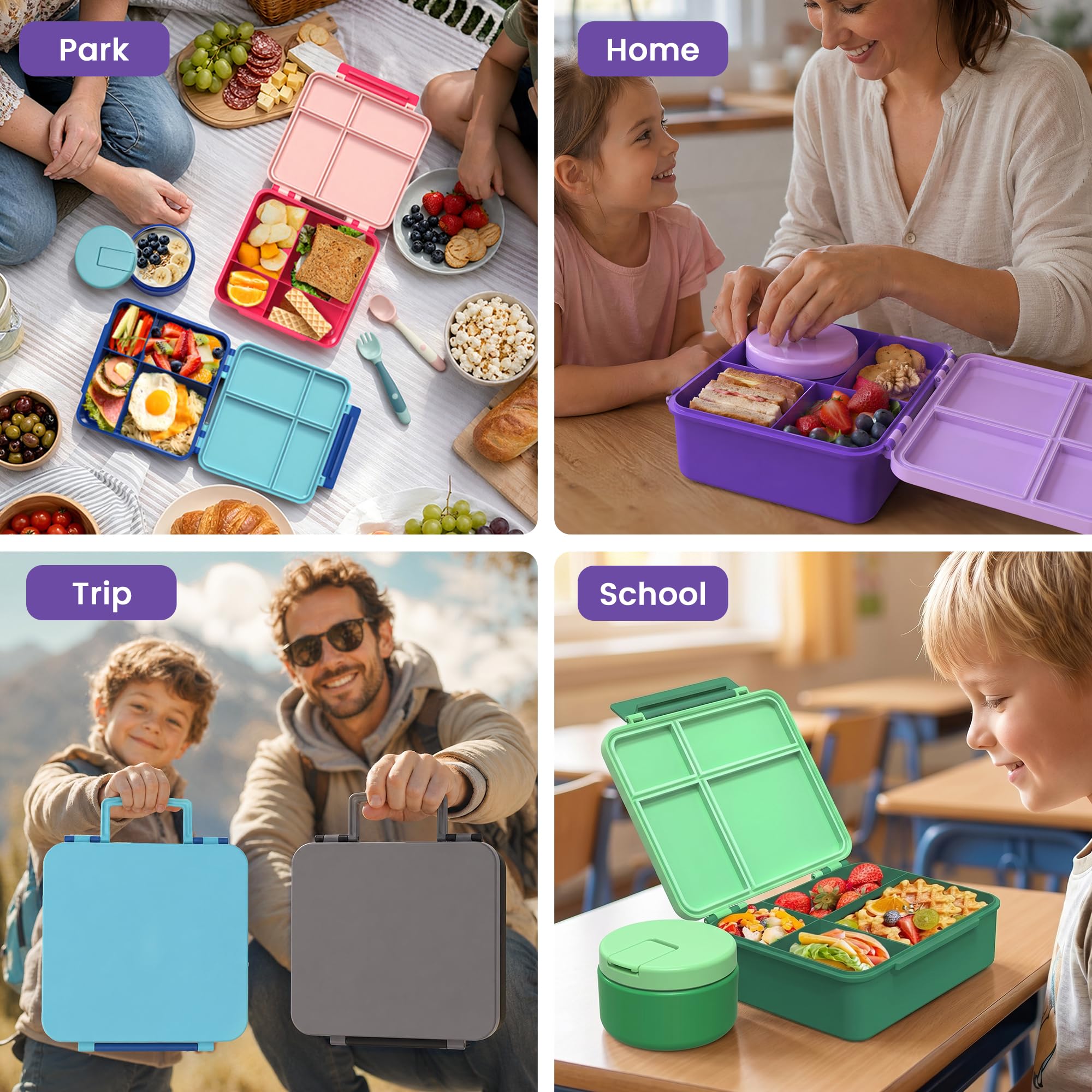 Bento pudełko na lunch z termosem na zupę 230 ml, szczelne pojemniki na lunch z 4 przegródkami, termos na gorące jedzenie i izolowana torba na lunch do szkoły, fioletowe