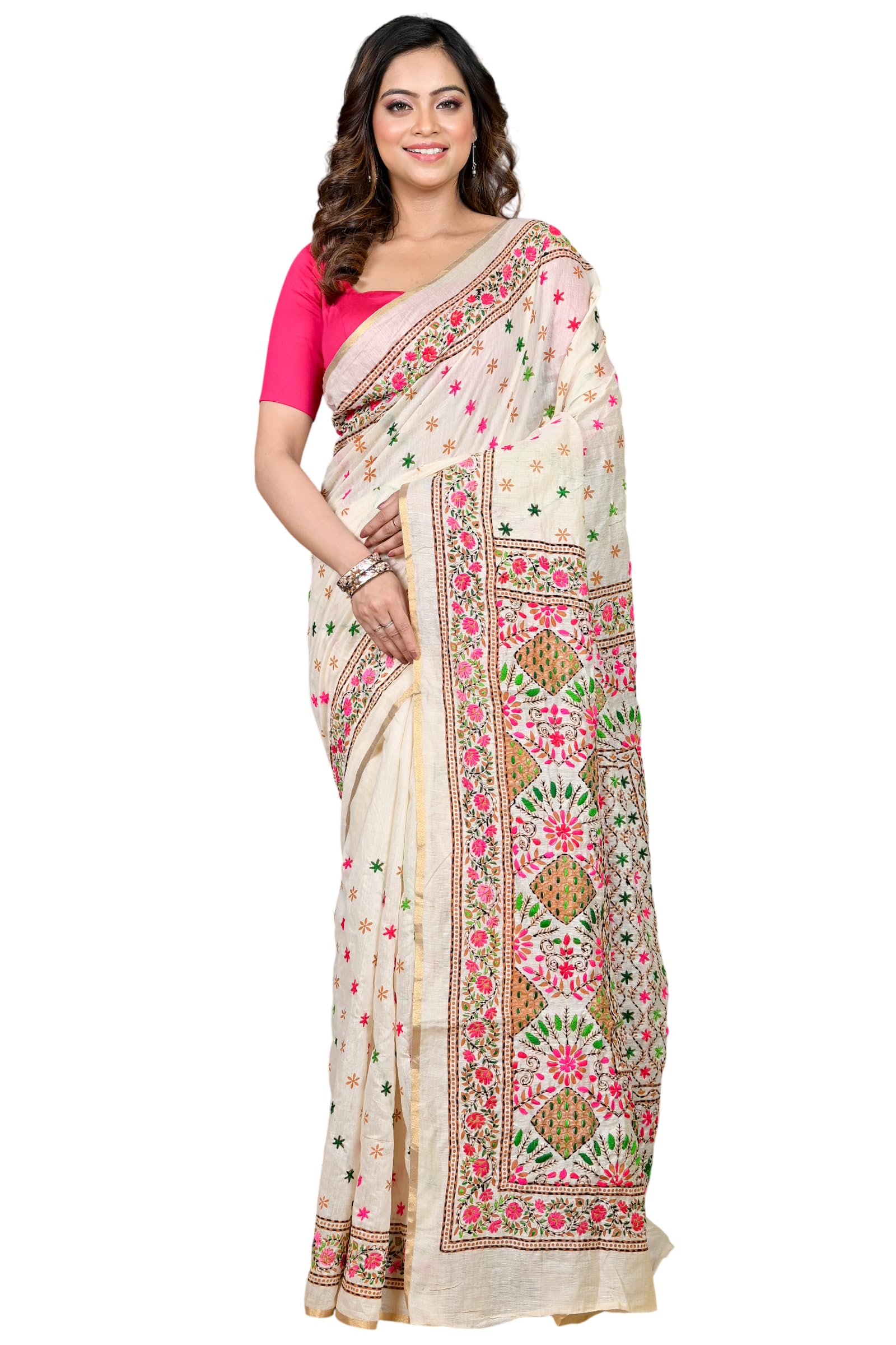 Traditional Bengal Artisan Crafted CottonWhite Kantha Stitch Saree with blouse piece-picture-39