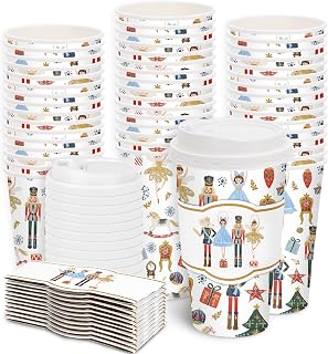50Pcs 16Oz Christmas Disposable Coffee Cups with Lids and Sleeves Watercolor Nutcracker Paper Drinking Cups for Winter Xmas Birthday Party Supplies