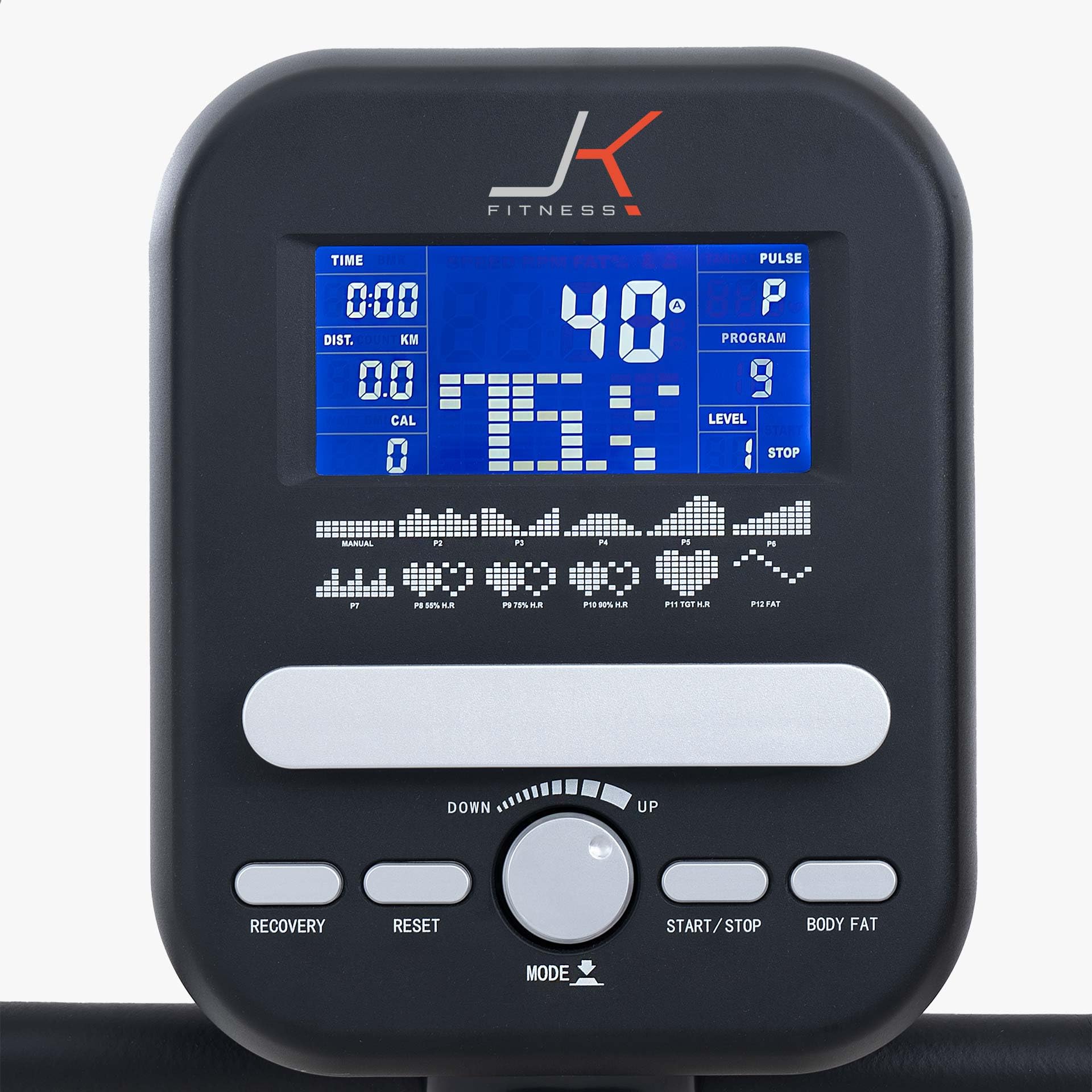 JK FITNESS Cyclette Elettromagnetica JK284【Volano 12 Kg | 32 Livelli di Resistenza】 Display LCD Multifunzione | Programmi Preimpostati | Connettività App | Sella Ergonomica Regolabile