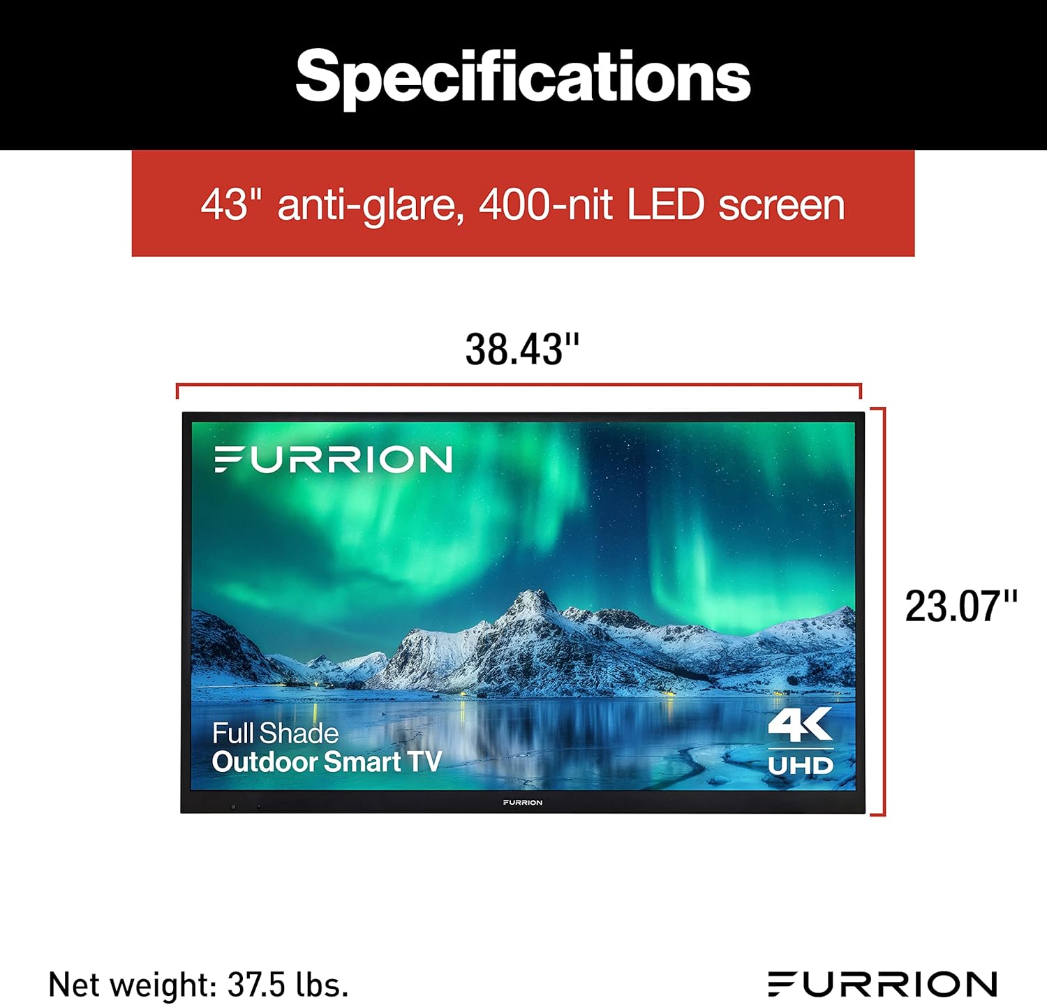 Furrion Aurora 43-Inch Full-Shade 4K LED Outdoor Smart TV - Weatherproof Outdoor Television w/ HDR10, Anti-Glare, 400-Nit LED Screen, Impact-Resistant Screen, External Antenna for Shaded Outdoor Areas
