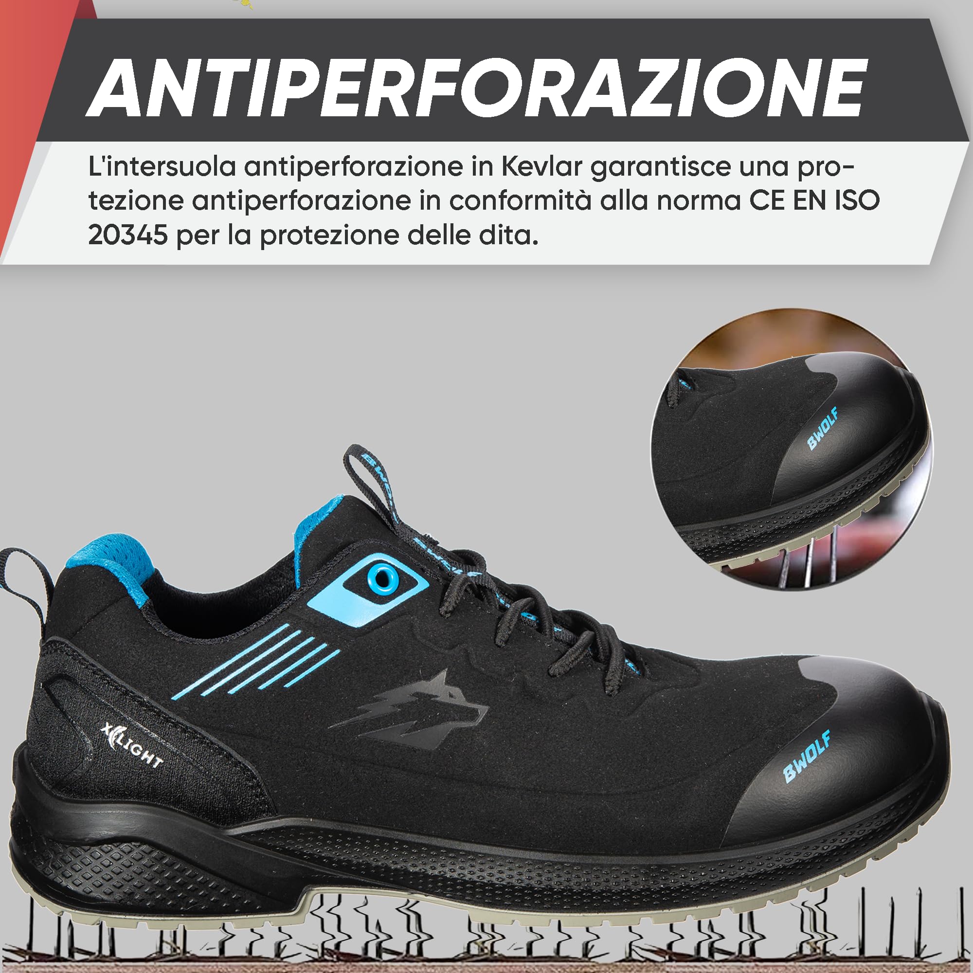 BWOLF Noir S3S Scarpe Antinfortunistiche Uomo S3 ESD – Punta Composita, Suola in Kevlar, Antiscivolo e Impermeabili all’Olio – Scarpe da Lavoro