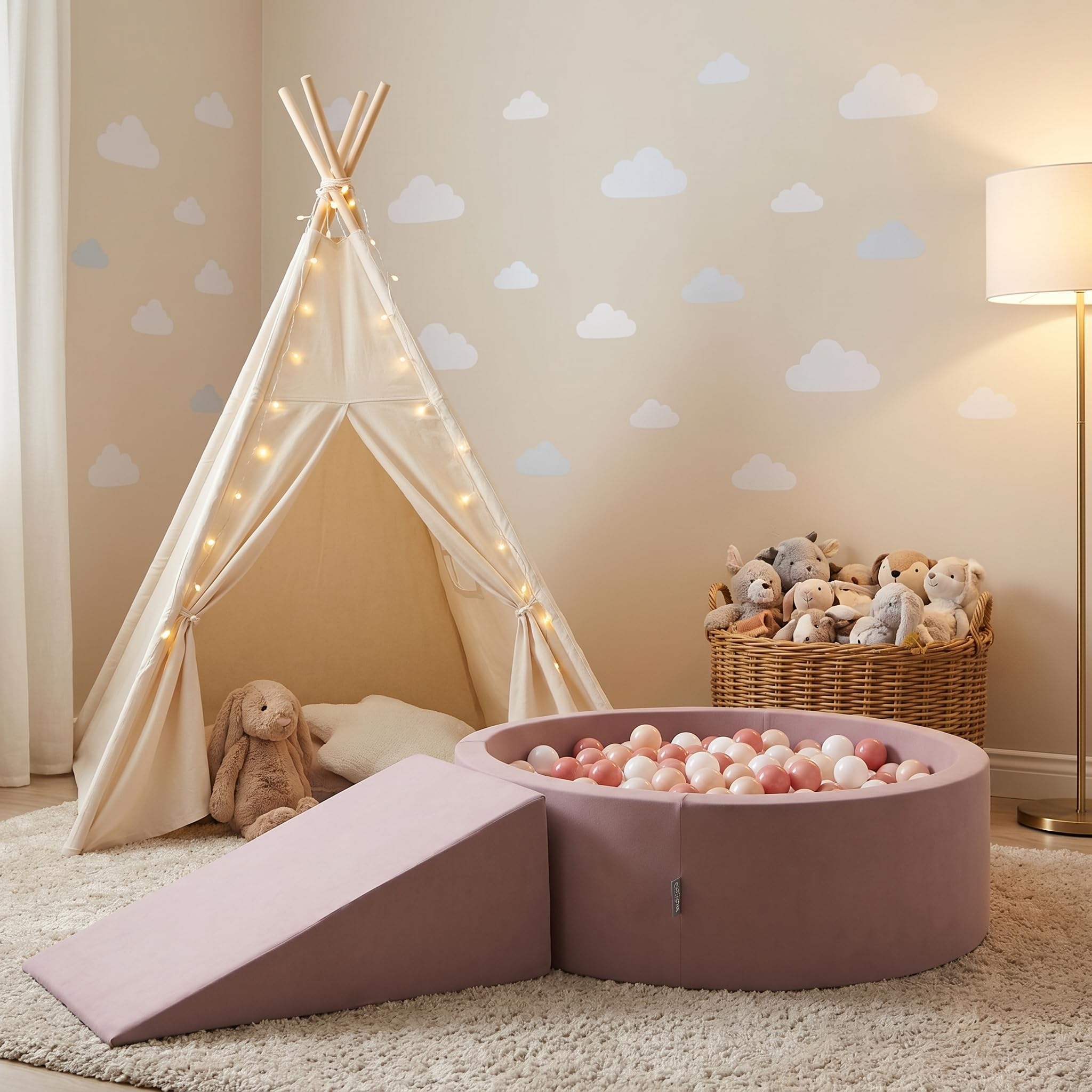 KiddyMoon Area Giochi in Schiuma con Piscina di Palline 90x30cm e Rampa 100 Palline 7cm per Neonati e Bambini - Grigio Chiaro: Giallo Verde Blu Rosso Arancione