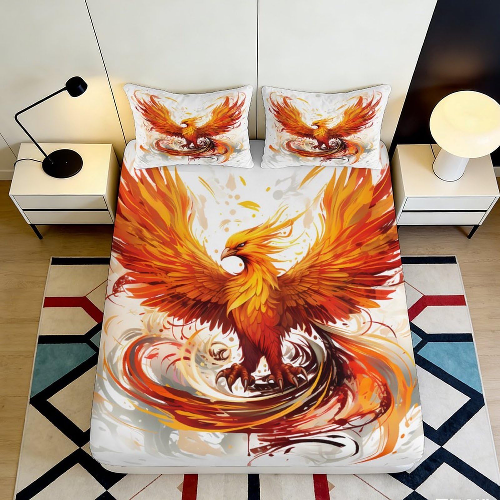 Pnayamiorkfel Style-1 3D Printed Phoenix Fire Fitted Sheet Microfiber Soft Flame Bird Bed Cover For Bedroom Guest Room Art Decor 90X200x25cm