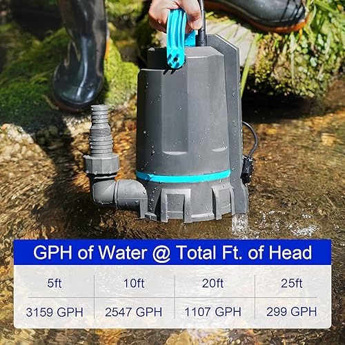 Miniatura 7 de Aquastrong Bomba de sumidero automática, bomba de agua sumergible de 12 HP, bomba utilitaria de 3159 GPH para eliminación de agua de alto flujo para