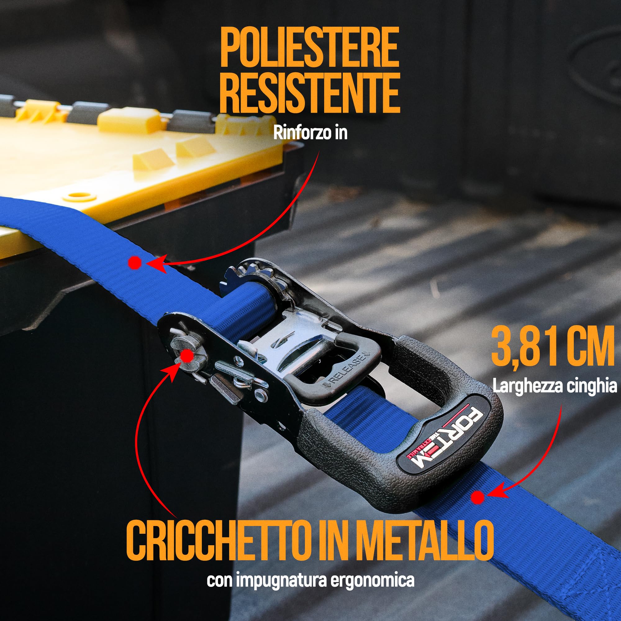 FORTEM Cinghie a Cricchetto, Resistenza fino a 2362 Kg, Set da 4 Cinghie di Fissaggio da 3,05 m, 4 Maniglie Morbide, Cinghie Fissaggio per Moto, Ganci in Metallo Rivestiti, Custodia Inclusa (Blu)