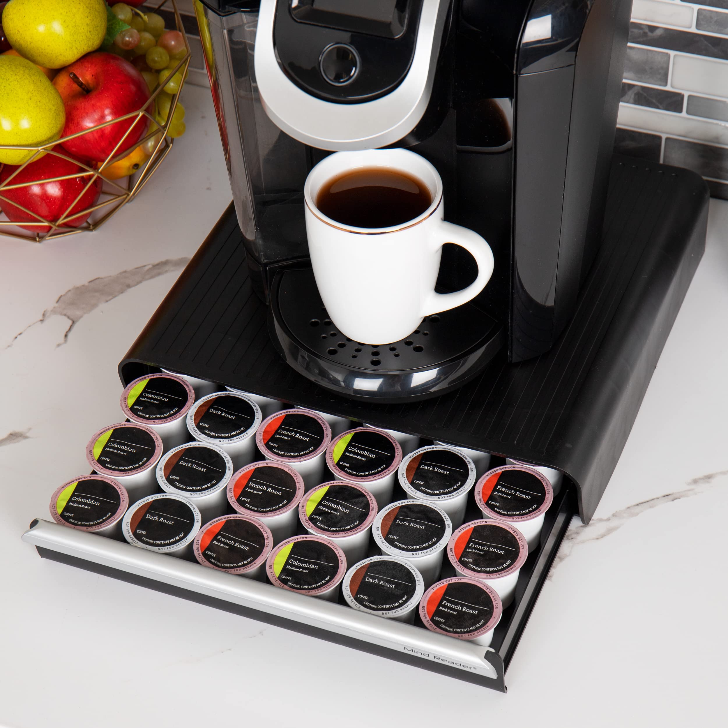 Mind Reader HERO36-BLK - Cassetto da caffè monodose, capacità 36 cialde, organizer da bancone, 32,4 cm di lunghezza x 33 cm di larghezza x 7,6 cm di altezza, plastica, nero