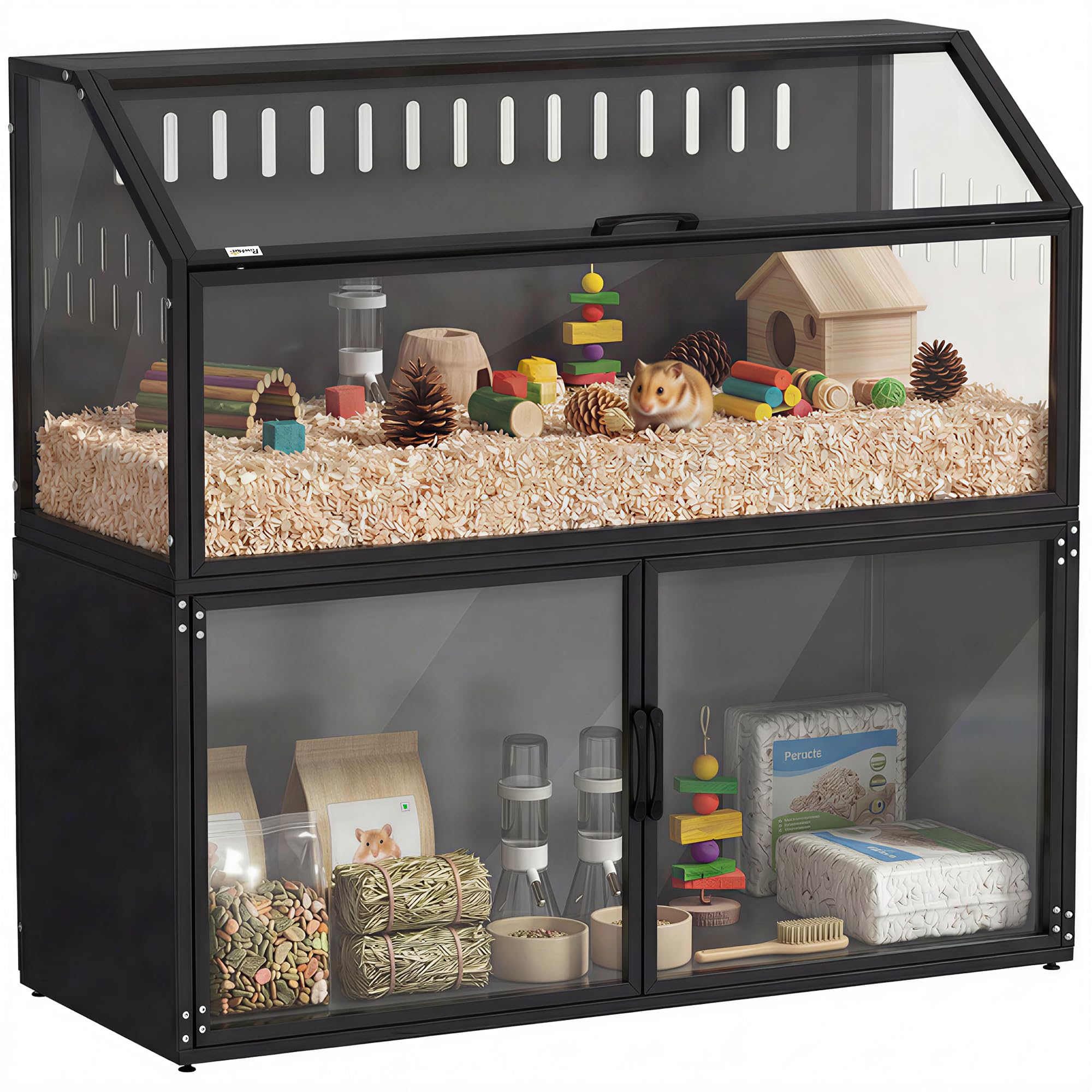 PawHut Gabbia a criceto 2 in 1 con armadio portaoggetti Habitat, 104 cm, colore: Nero | per roditore, acciaio resistente ai morsi, acrilico trasparente, grande gabbia design, per criceto siriano e topo
