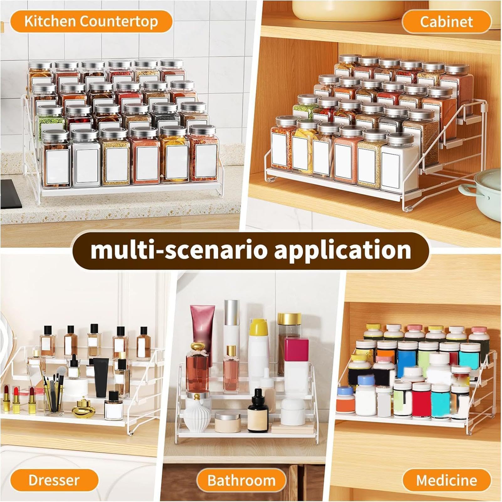 Scaffale organizer regolabile per armadietto, espandibile, , per barattoli, bottiglie, condimenti, salse alimentari, condimenti, per uso domestico
