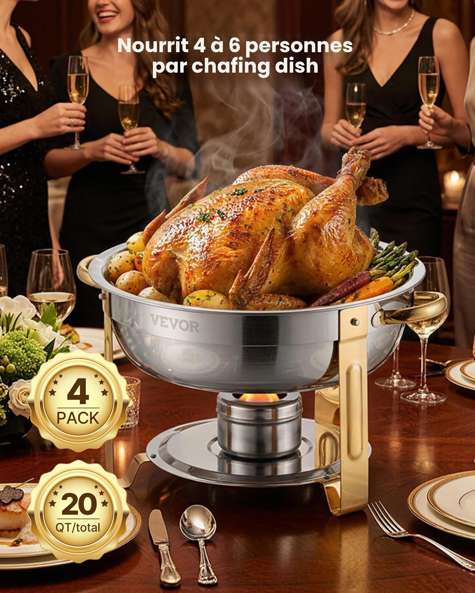 VEVOR Chauffe-Plat 4PCs 4,6 L, Buffet Chauffant Rond, Réchaud en Acier Inoxydable, avec 4 Bacs Pleine Grandeur, Couvercle et Pince, pour Buffet Libre-Service Banquet Hôtel Traiteur Restauration