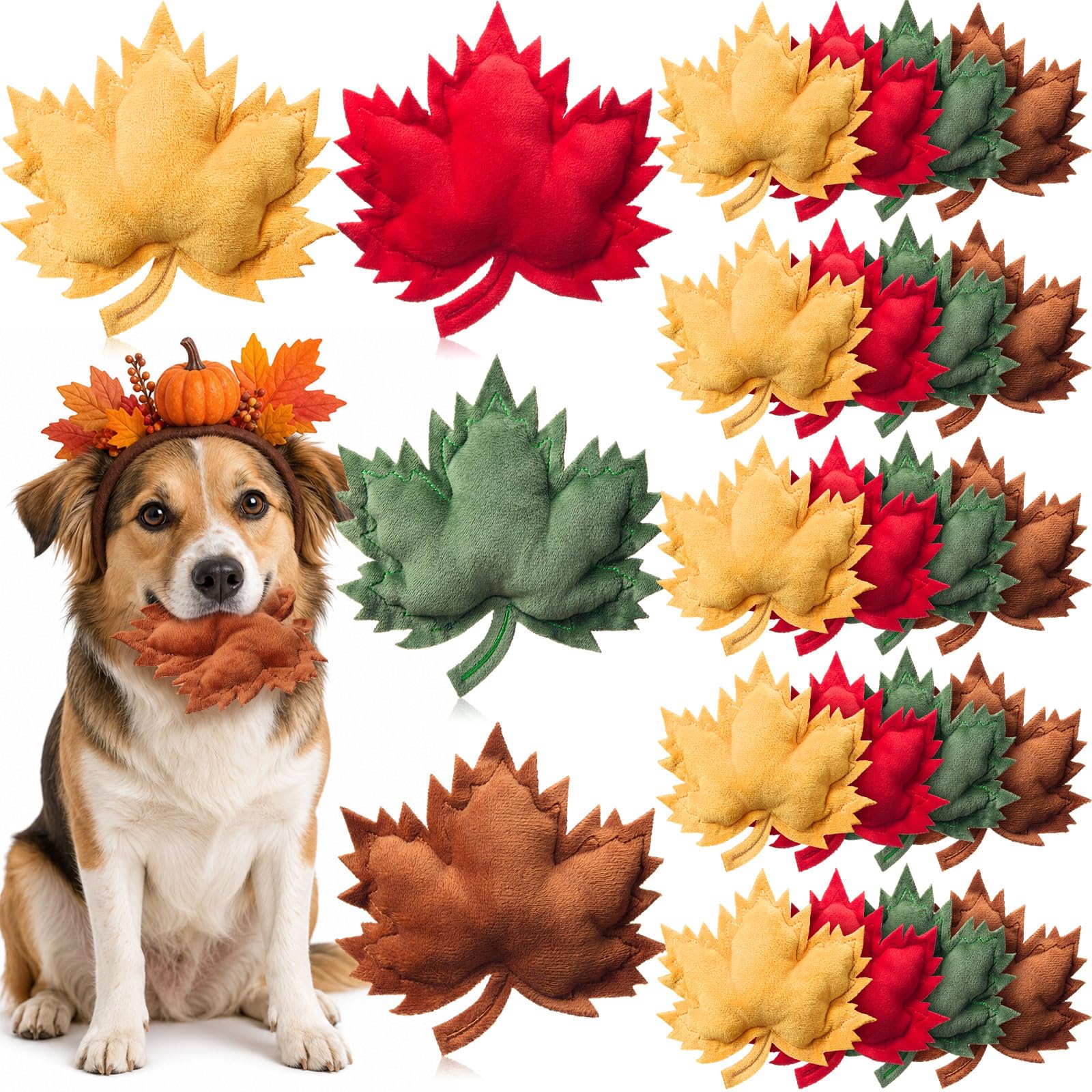 Civaner Lot de 48 jouets en peluche pour chiens en forme de feuilles d'érable - Jouets couineurs en peluche pour animaux de compagnie de petite, moyenne et grande taille - Automne - Décoration de fête
