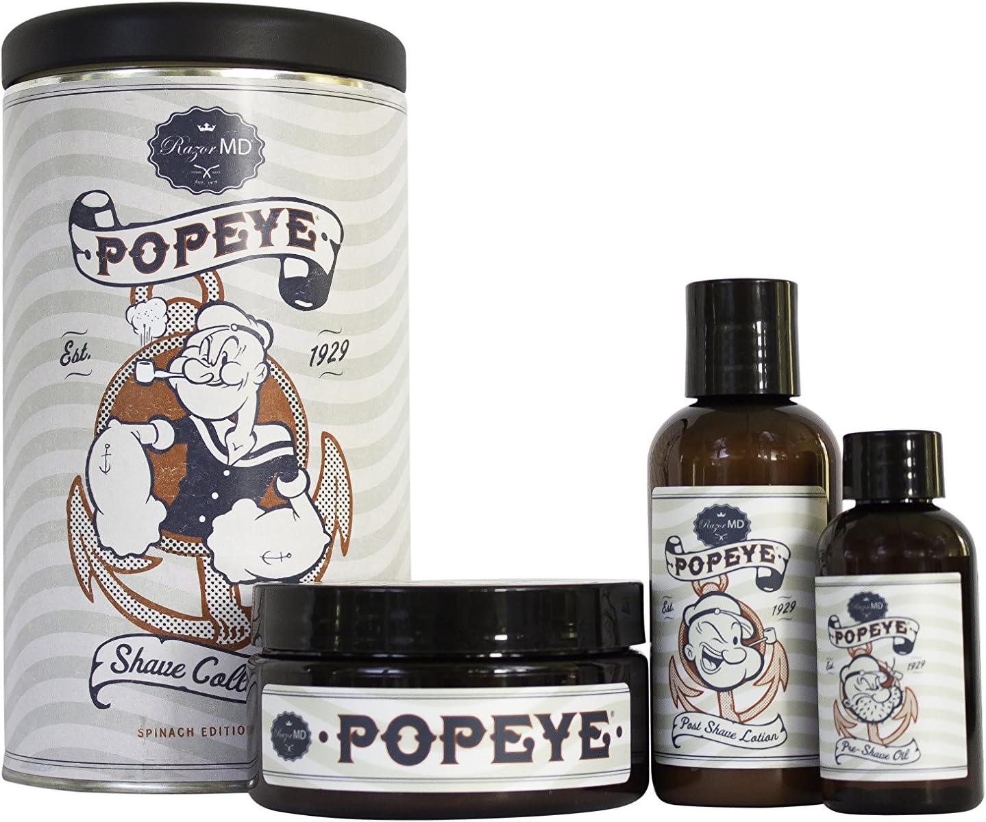 Popeye Shaving Co. 3 Piece Shaving Gift Set for Men - Includes Pre-Shave Oil, Shaving Cream, Post Shave Lotion in a Collectors Tin