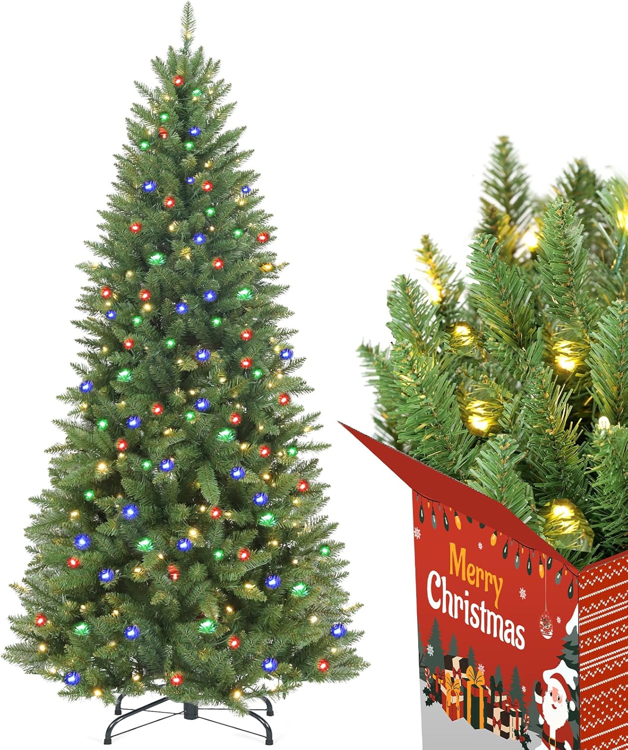 Christmas Tree with Slim Design,Prelit Christmas Tree with 710 Realistic Branch Tips and White Tree Skirt,Artificial Christmas Tree with Light,Easy to Set, 6ft Pencil Christmas Tree 6ft Classic