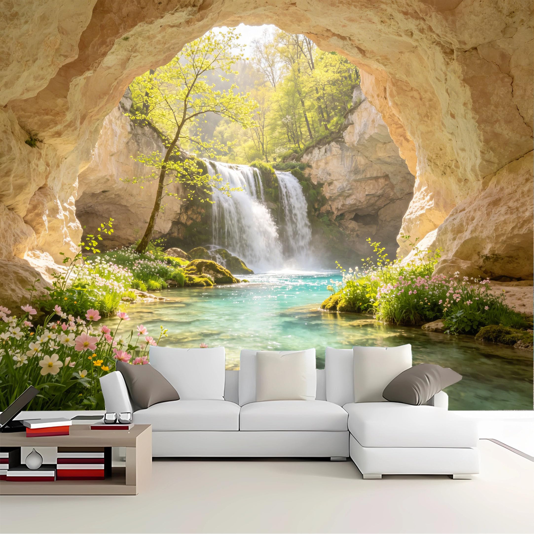 Custom Size Wall Mural Cave View Spring Waterfall Meadow Removable Self Adhesive Peel and Stick Wallpaper for Bedroom Living Room Dining Room