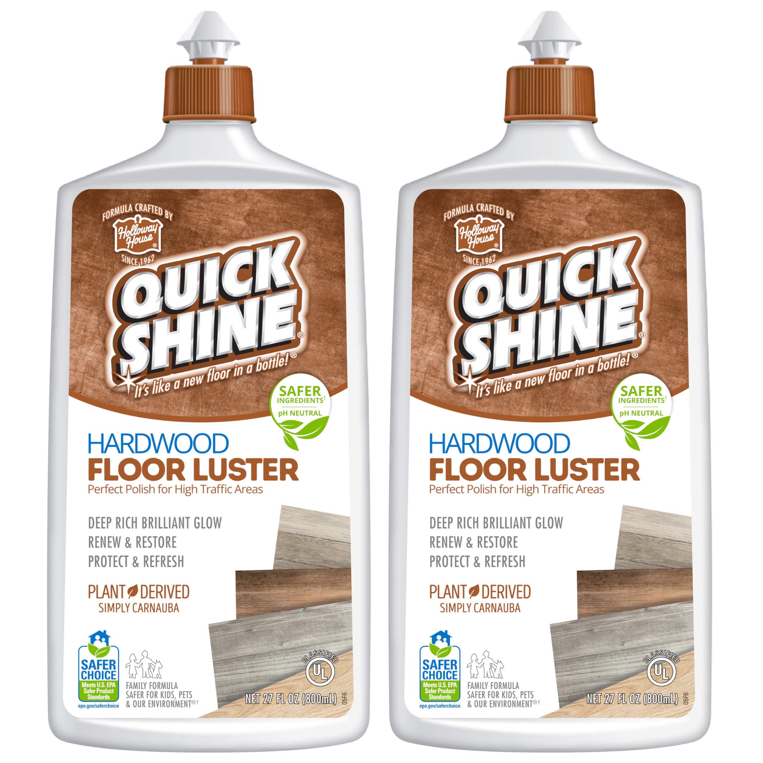 Quick Shine Hardwood Floor Luster-Polish 27oz-2pk | Plant-Derived w/Carnauba | Safer Choice, No PFAS, pH Neutral | Ready to Use Formula w/Anti-Slip Technology | Simply Squirt & Spread | Made in USA