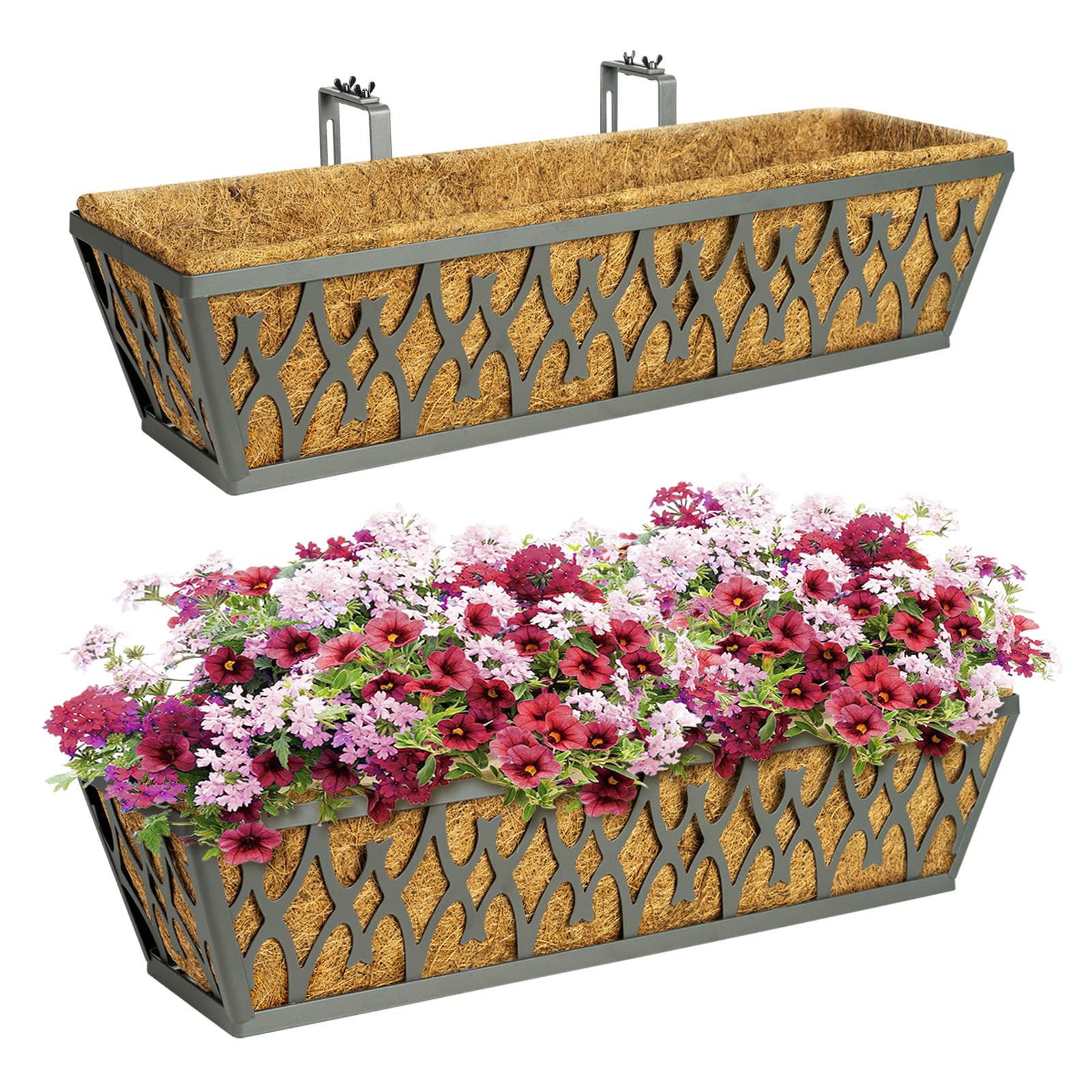 2 Pack 24 Inch Window Boxes Planters Railing Planter Box with Adjustable Brackets for Porch Fence Patio Balcony Hanging Flower Baskets with Coco Liners for Outdoor Garden Decor - Dark Grey