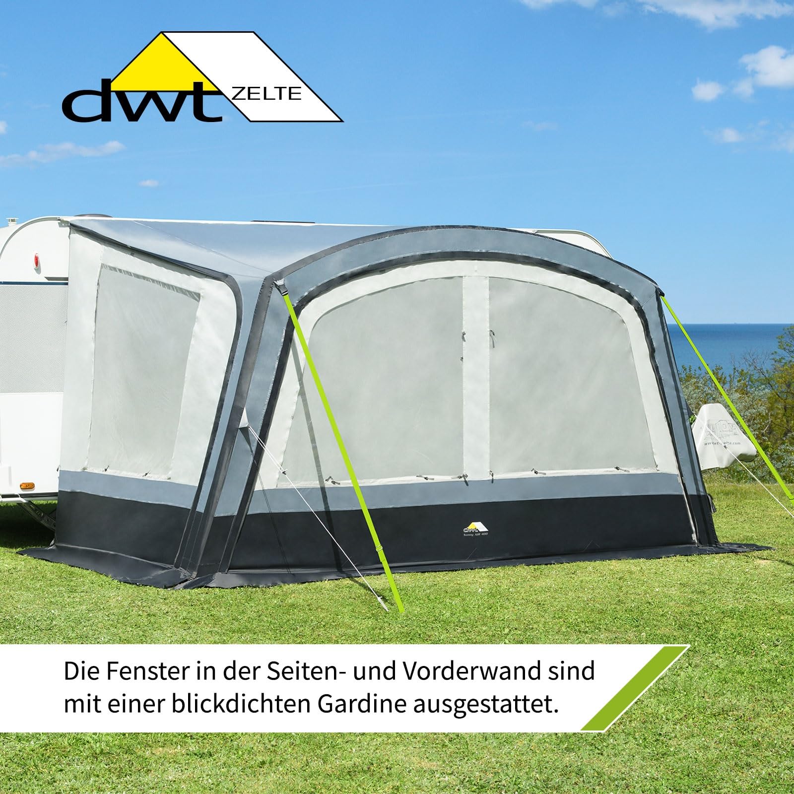 DWT aufblasbares Sonnendach für Wohnwagen - Sunny Air - inkl. 1 x Vorder- und 2 x Seitenwand - 300/400 cm x 250 cm Tiefe - Air-In-System