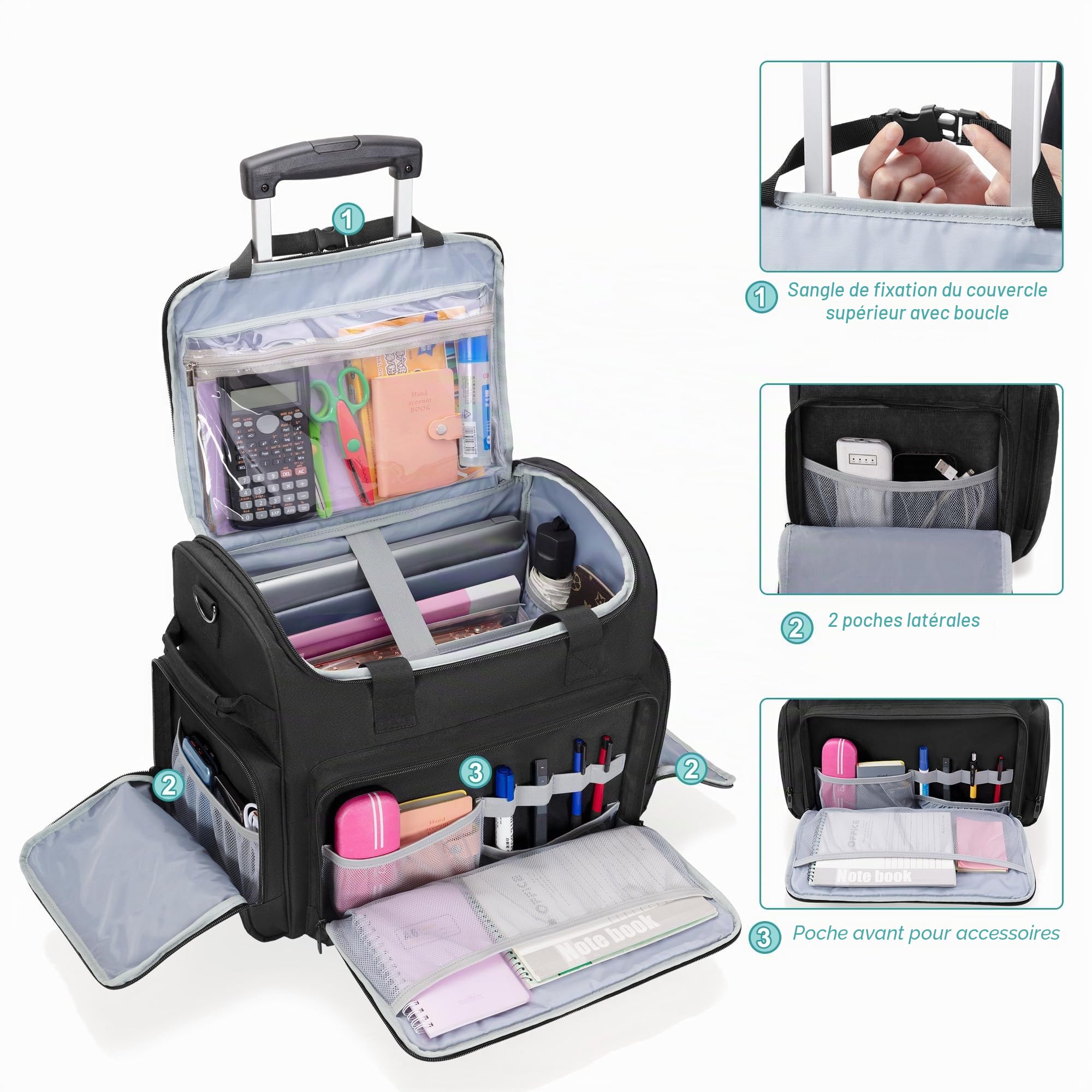 CURMIO Sac de Travail pour Enseignant, Mallettes à Roulette pour Professeur Adapté Aux Ordinateurs Portables de 15,6", Noir (Design Breveté)