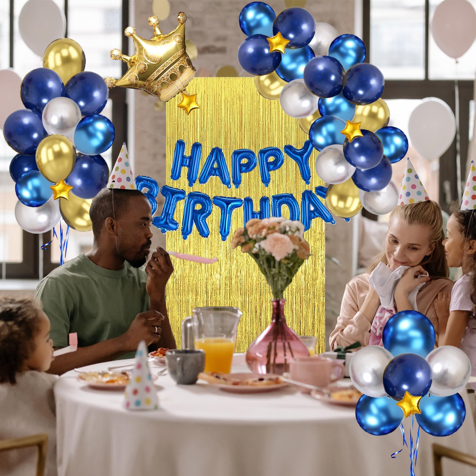 Niebieskie i złote dekoracje urodzinowe dla mężczyzn, chłopców, dziewcząt, Hyballustw 58 szt. balonów z banerem "Happy Birthday", metaliczna zasłona z frędzlami, złota korona na urodziny 18, 21, 30,