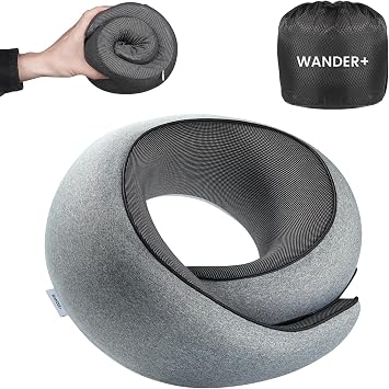 WANDER PLUS® Travel Neck Pillow, Pure Memory Foam Neck Pillow for Airplanes, Comfortable Breathable Cover, 360 Degree Support