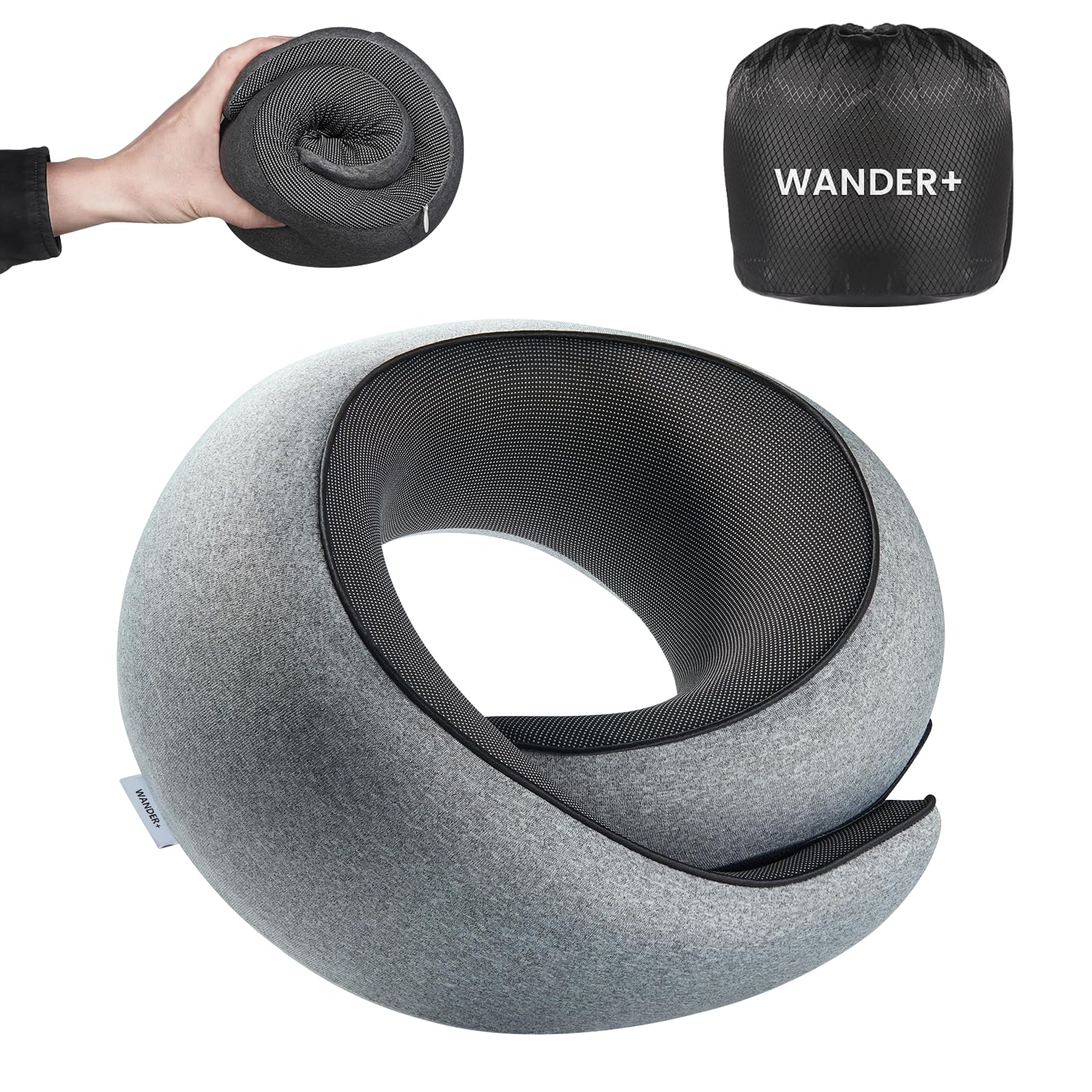 WANDER PLUS® Travel Neck Pillow, Pure Memory Foam Neck Pillow for Airplanes, Comfortable Breathable Cover, 360 Degree Support Ergonomic Design Best for Sleeping Plane Train Travel Essentials Max Grey
