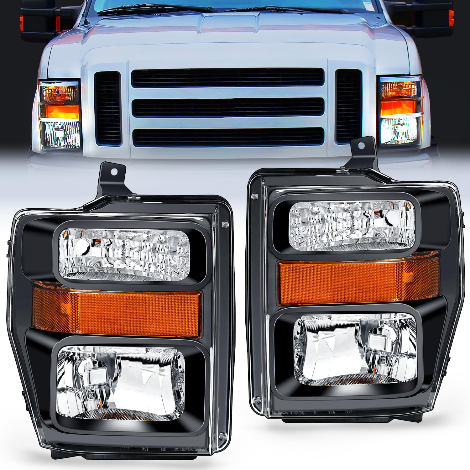 Photo 1 of Nilight Headlight Assembly Compatible with 2008 2009 2010 Ford F250 F350 F450 Super Duty Headlamps Replacement Black Housing Amber Reflector Clear Lens Driver and Passenger Side, 2 Years Warranty Black Housing+ Amber Reflector