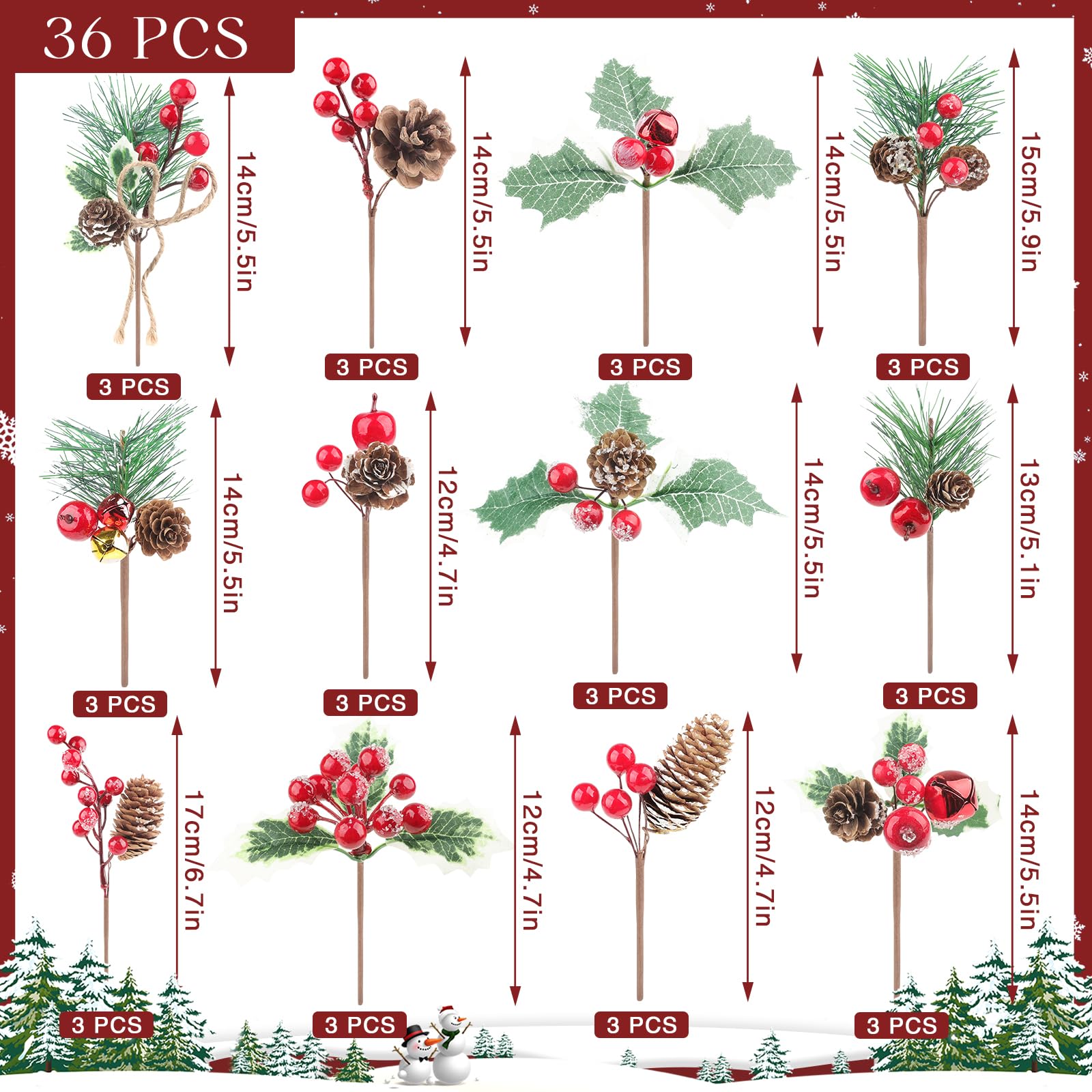 Songjum 36 PCS Artificial Christmas Pine Picks Christmas Berries Artificial Stem with Pinecones Apples Bells Christmas Flower Picks for Christmas Tree Wreath Arrangement Winter Holiday Decor - Image 2