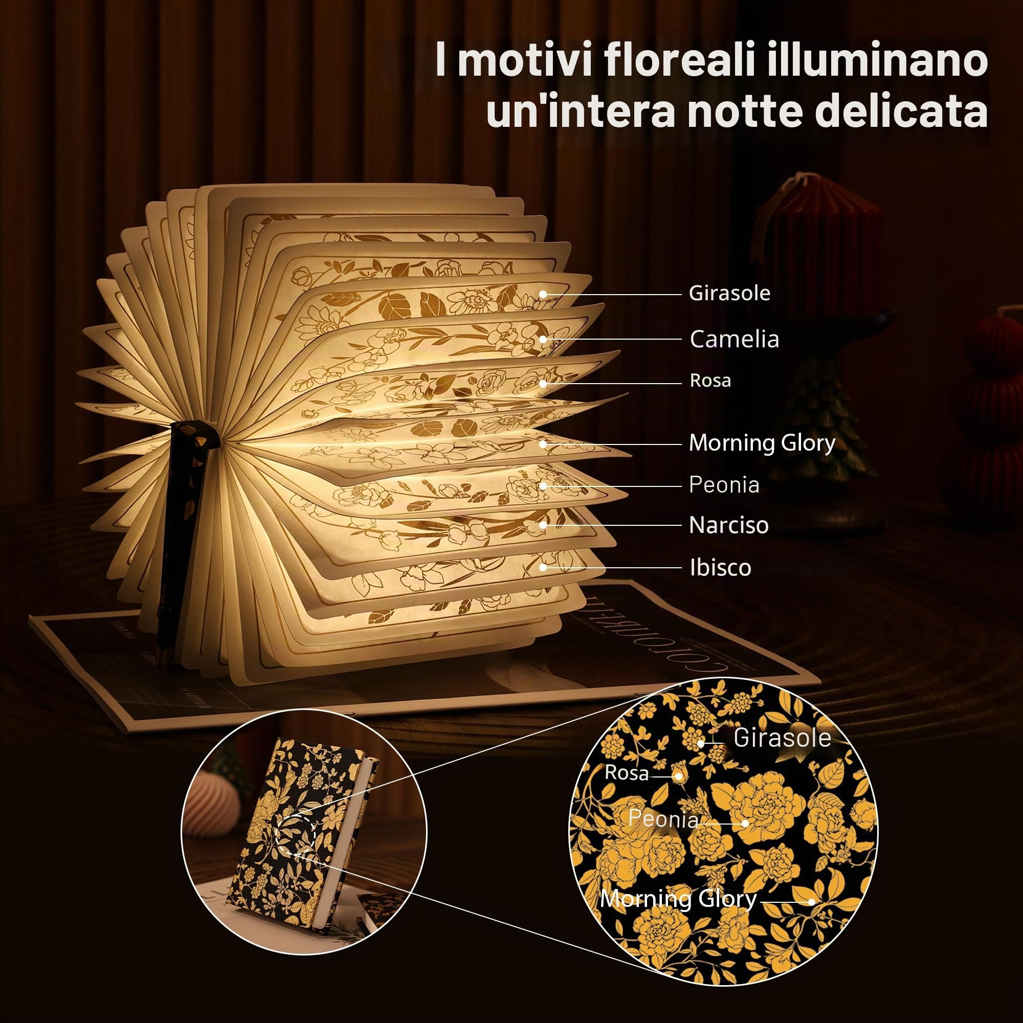 Lampada da libro con stampa floreale, lampada da libro a 3 colori, regalo per amanti dei libri, lampada da scrivania pieghevole portatile da 1200 mAh, lampada da lettura notturna, regalo per