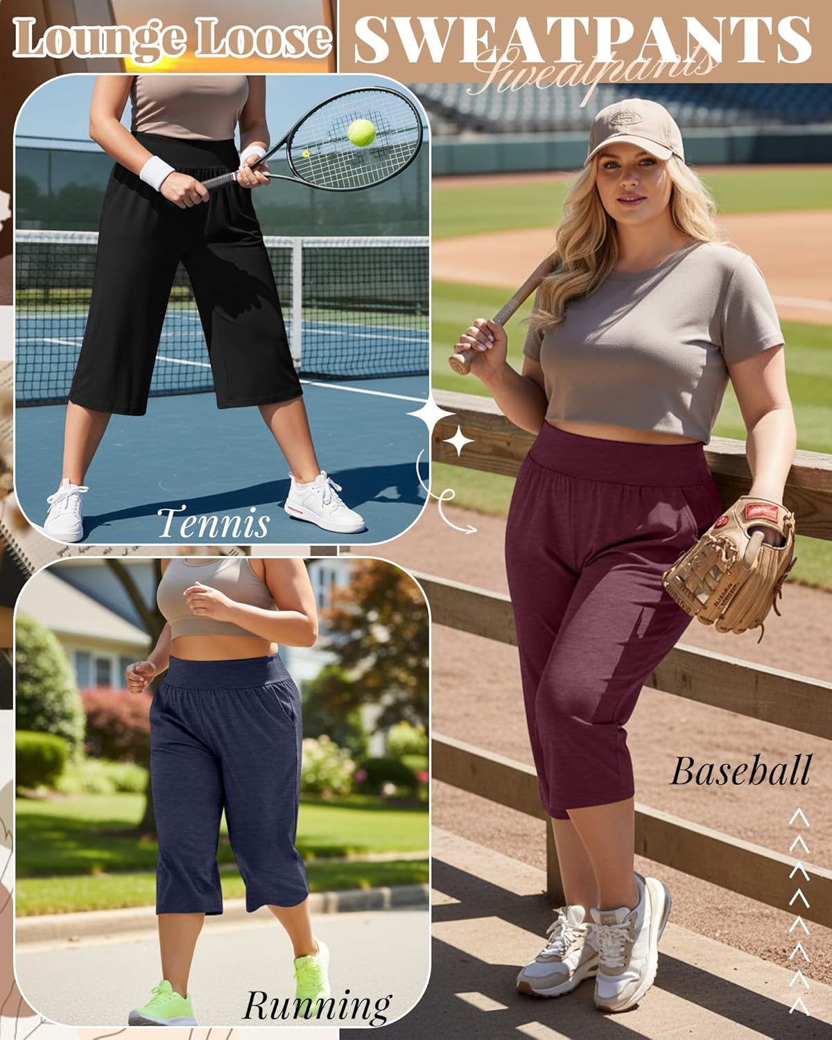 Neer 3 Pack Women's Plus Size Capri Pants, Wide Legs Elastic Waist Capris with Pockets Lounge Loose Sweatpants - Image 4