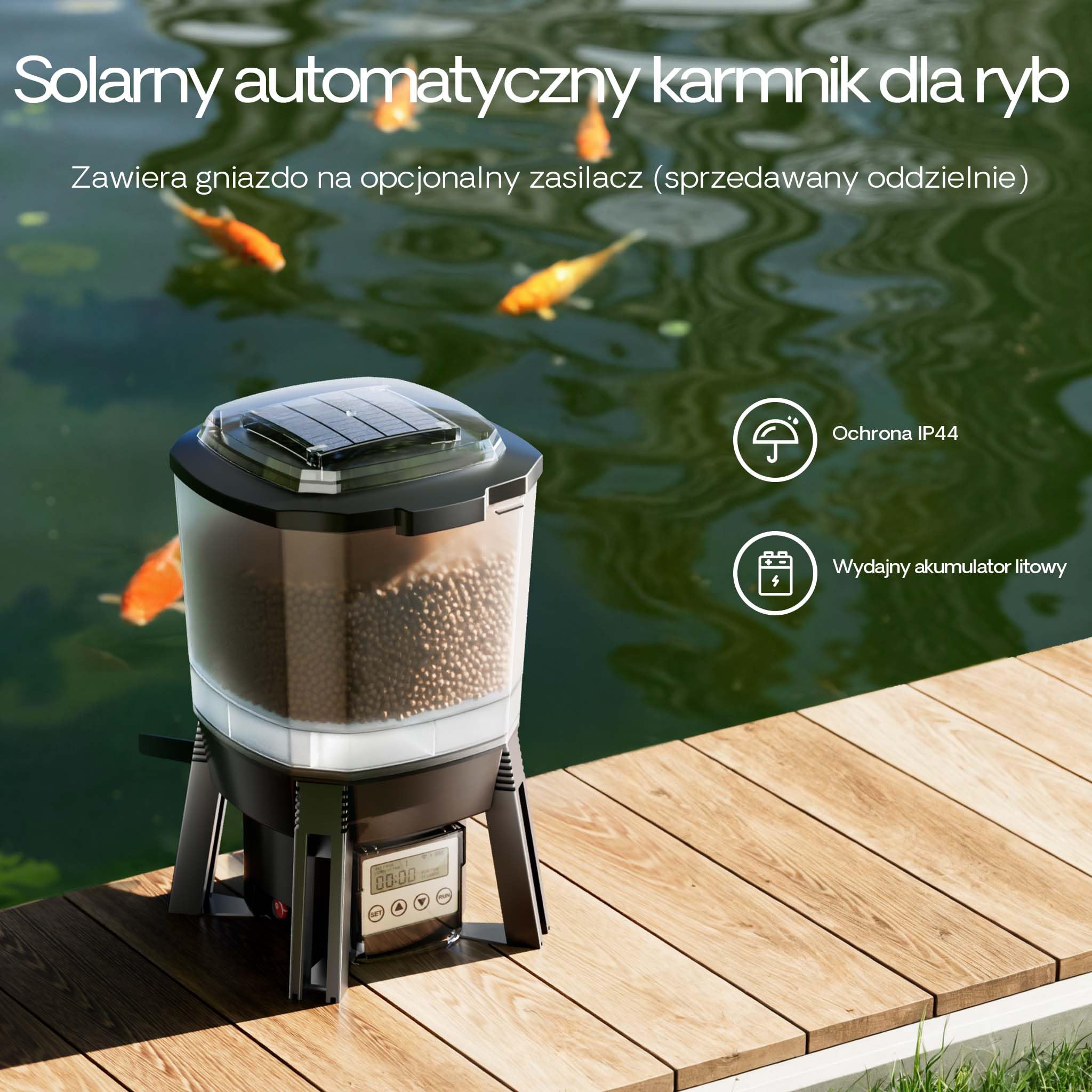 SunSun Automatyczny karmnik dla ryb CFF-206 z zasilaniem słonecznym, programowalny dozownik pokarmu dla rybek 6 l do oczek wodnych, stawów i hodowli