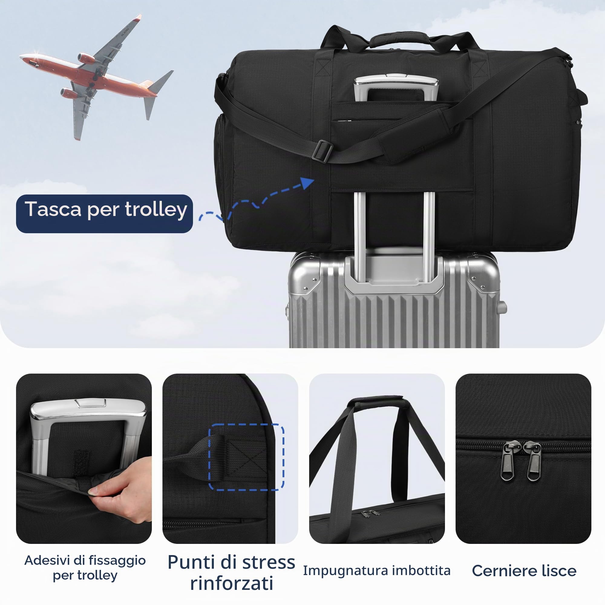 Borsone da Viaggio e Palestra 90L Pieghevole Impermeabile, Borsa Sportiva Grande Capacità 69x32x40 cm, Unisex per Donna e Uomo (Nero)